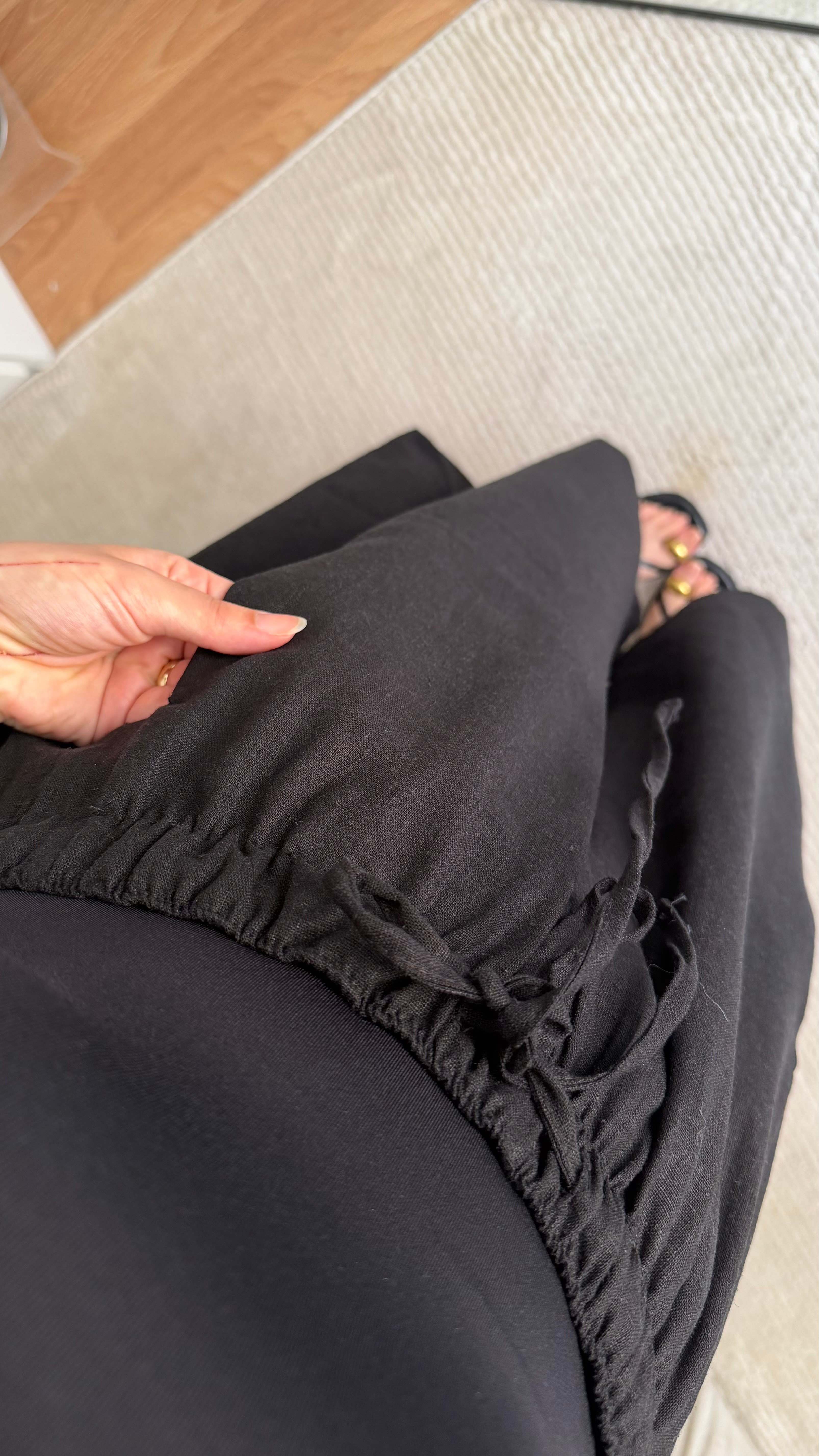 Mad Siyah Ham Keten Şalvar Paça Pantolon