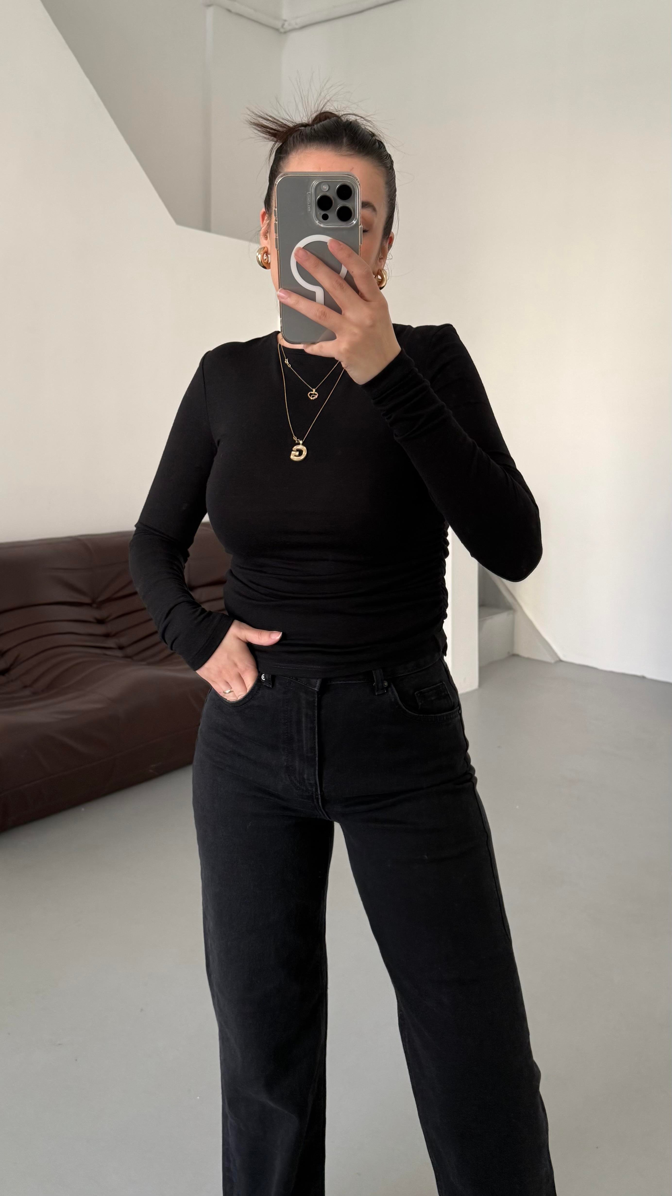 Mad Siyah Kaşmir Karışımlı Drapeli Bluz