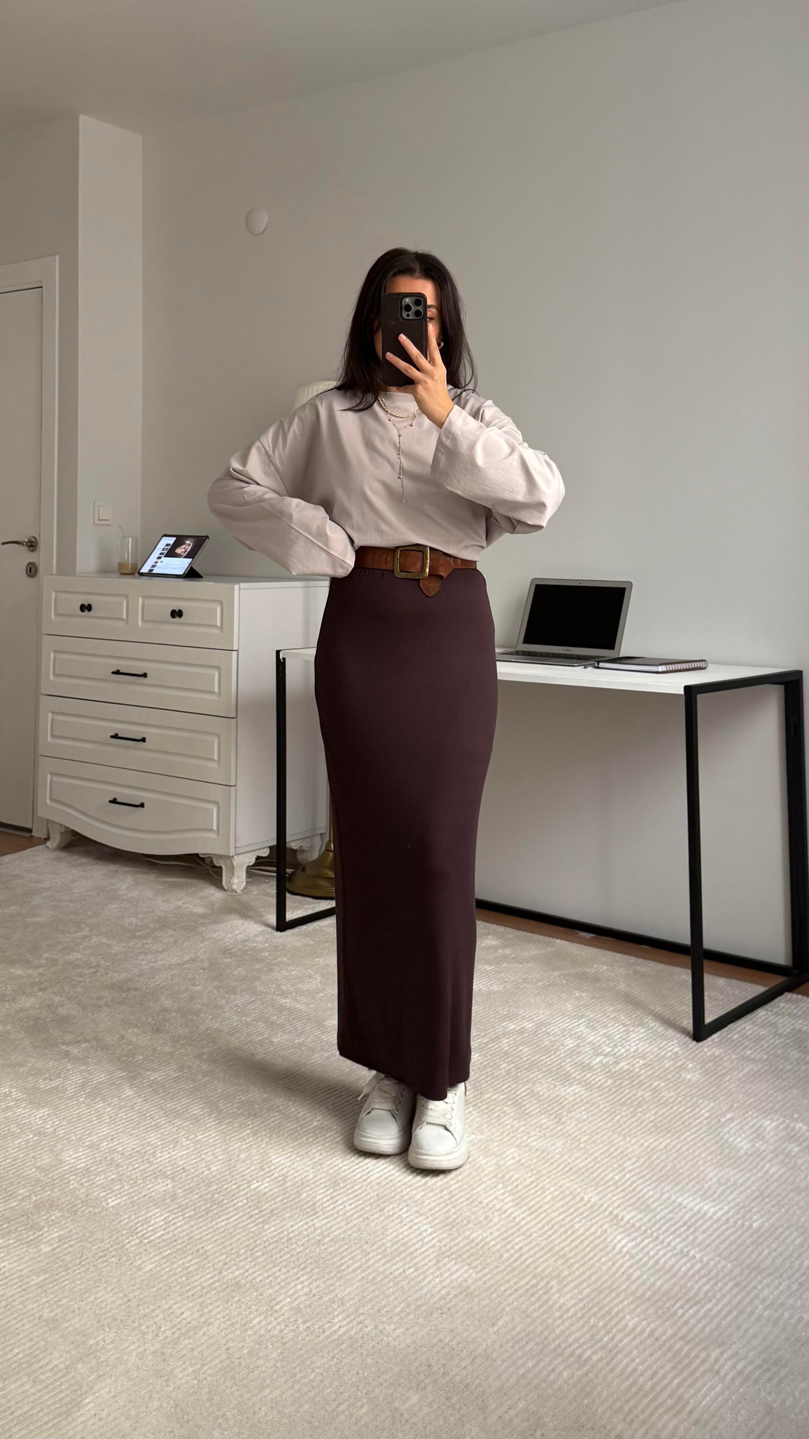 Mark Acı Kahve Soft Touch Midi Boy Etek