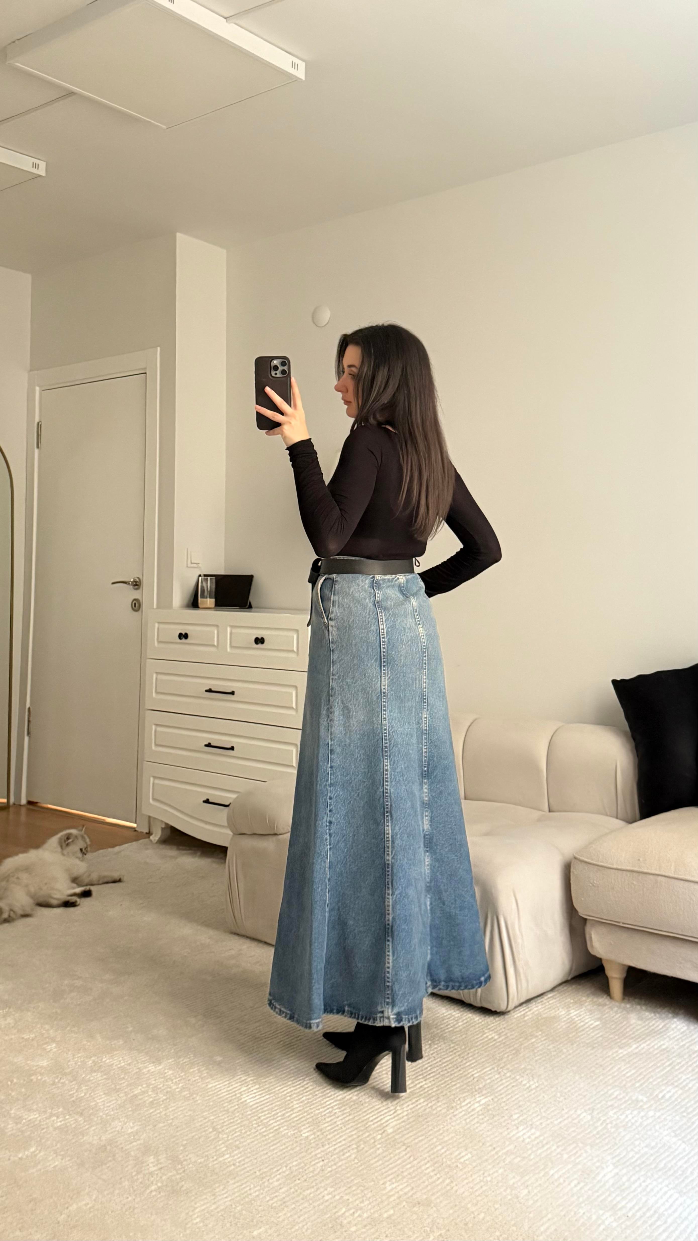 Marka A Kesim Midi Boy Denim Etek