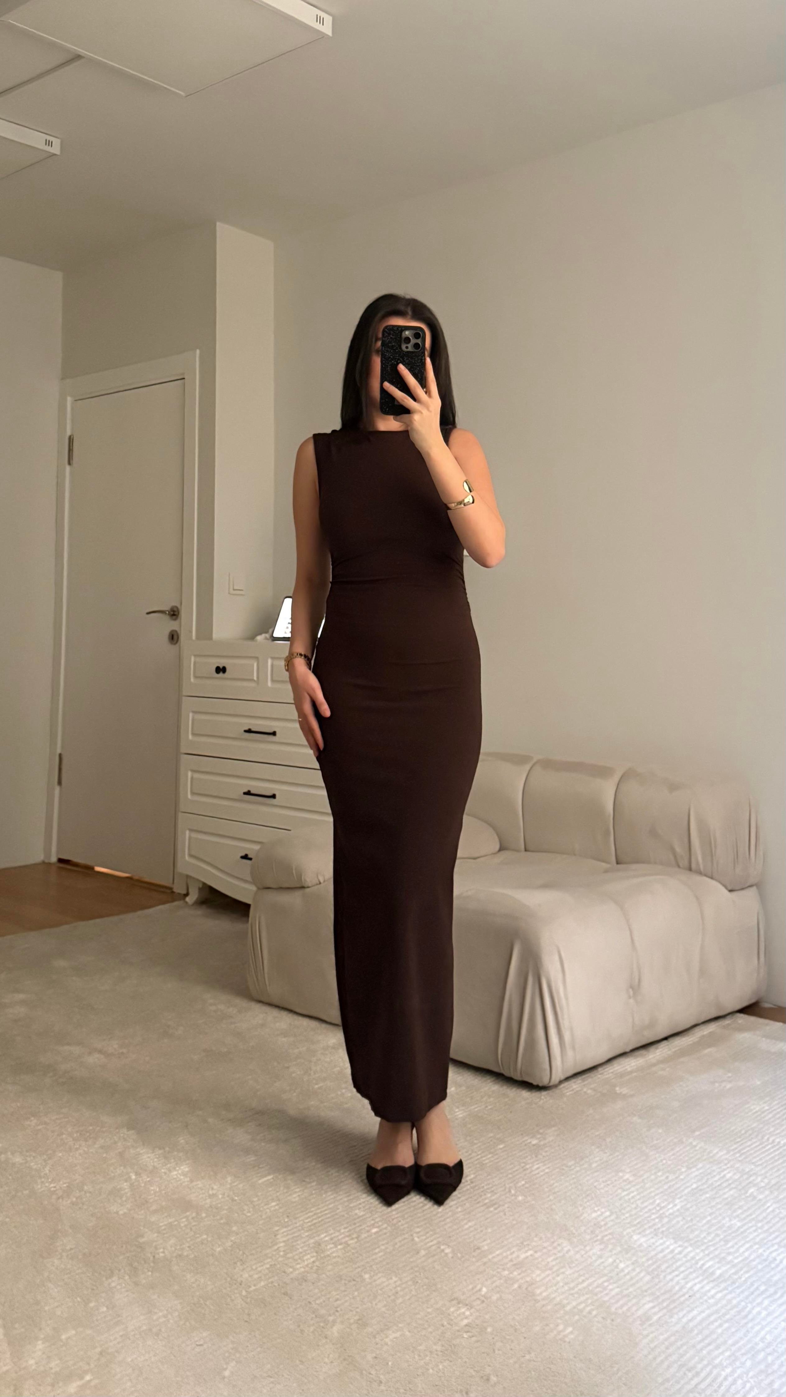 Marka Acı Kahve Drapeli Midi Elbise 