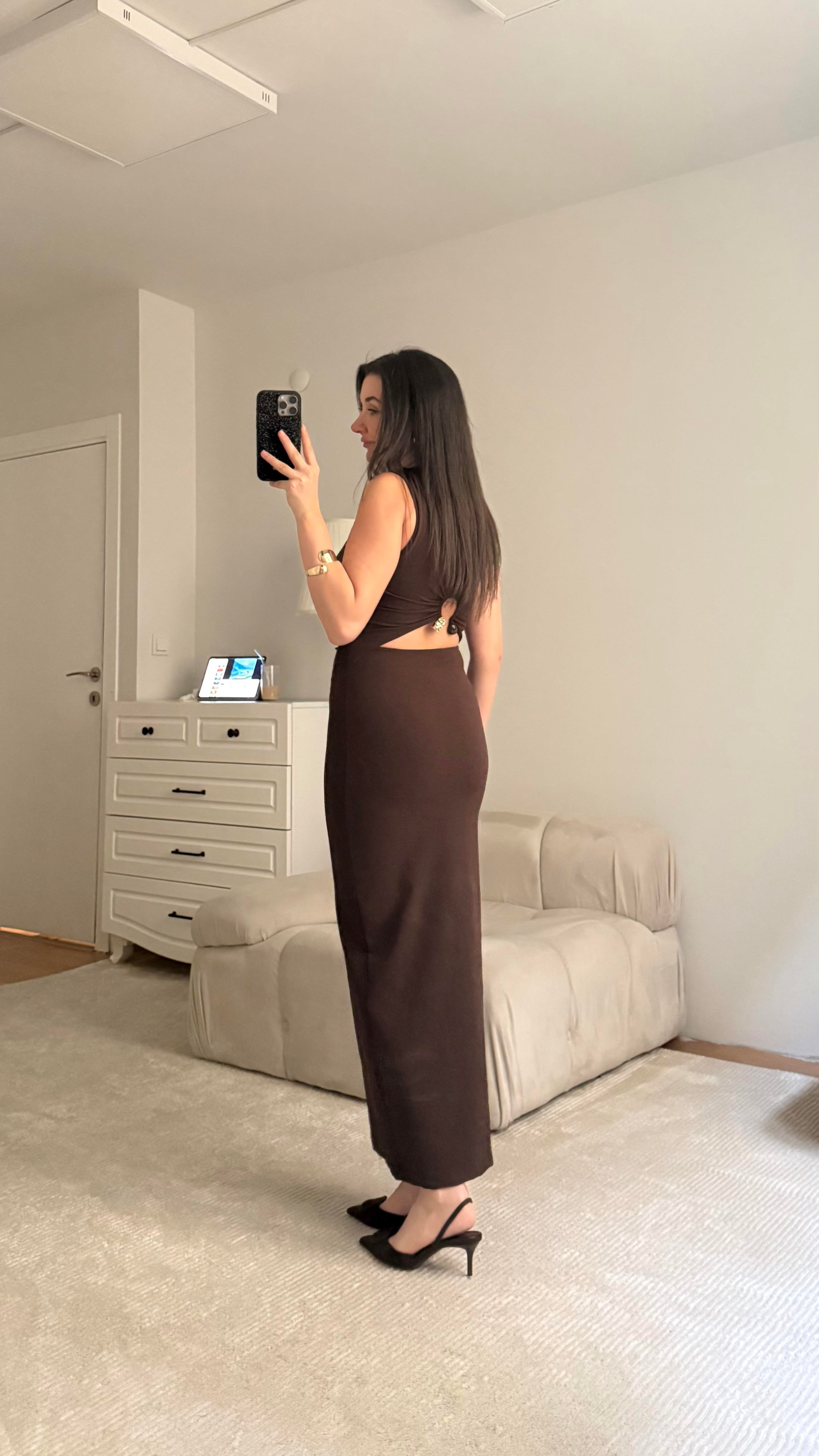 Marka Acı Kahve Drapeli Midi Elbise 