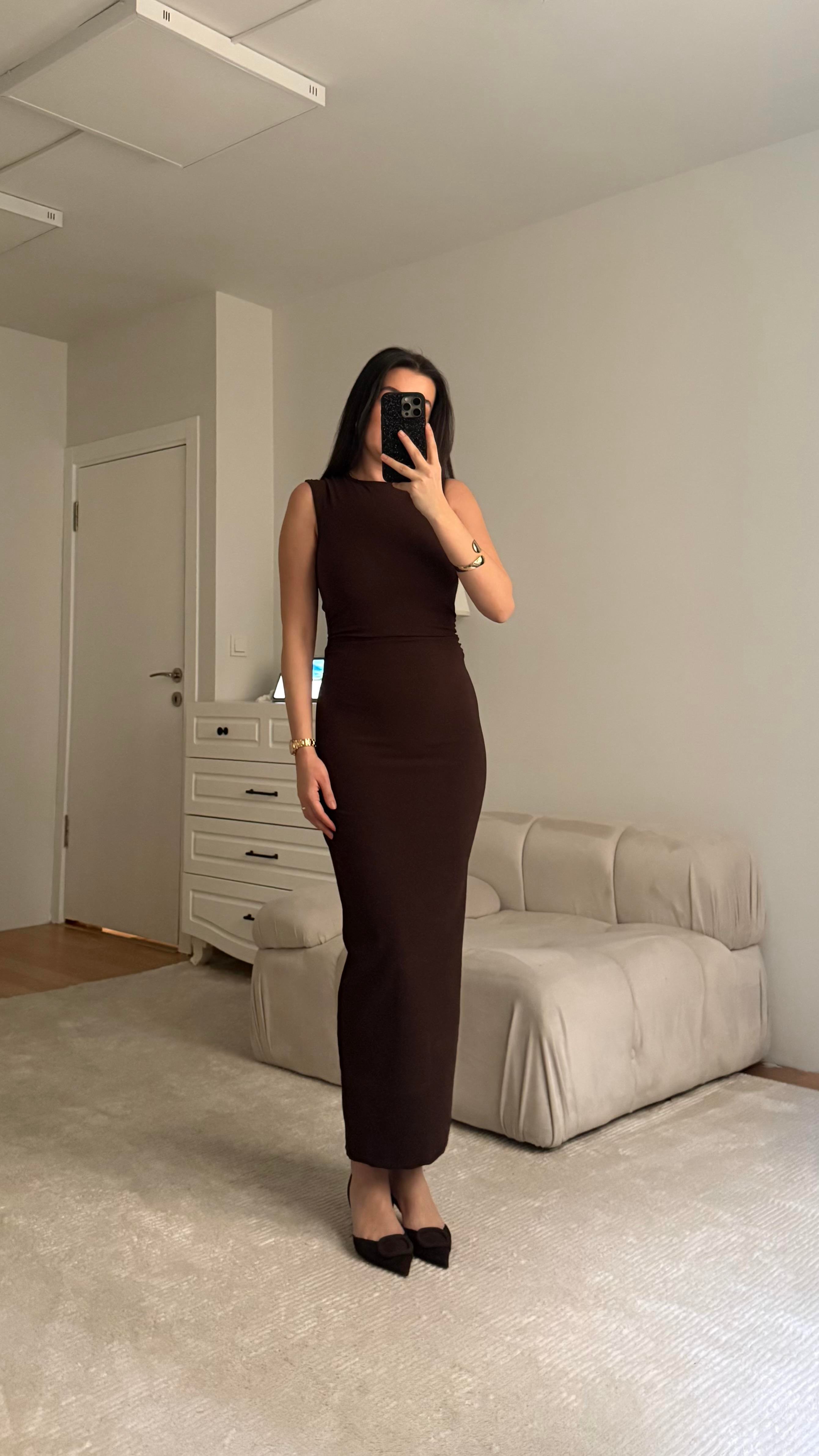 Marka Acı Kahve Drapeli Midi Elbise 