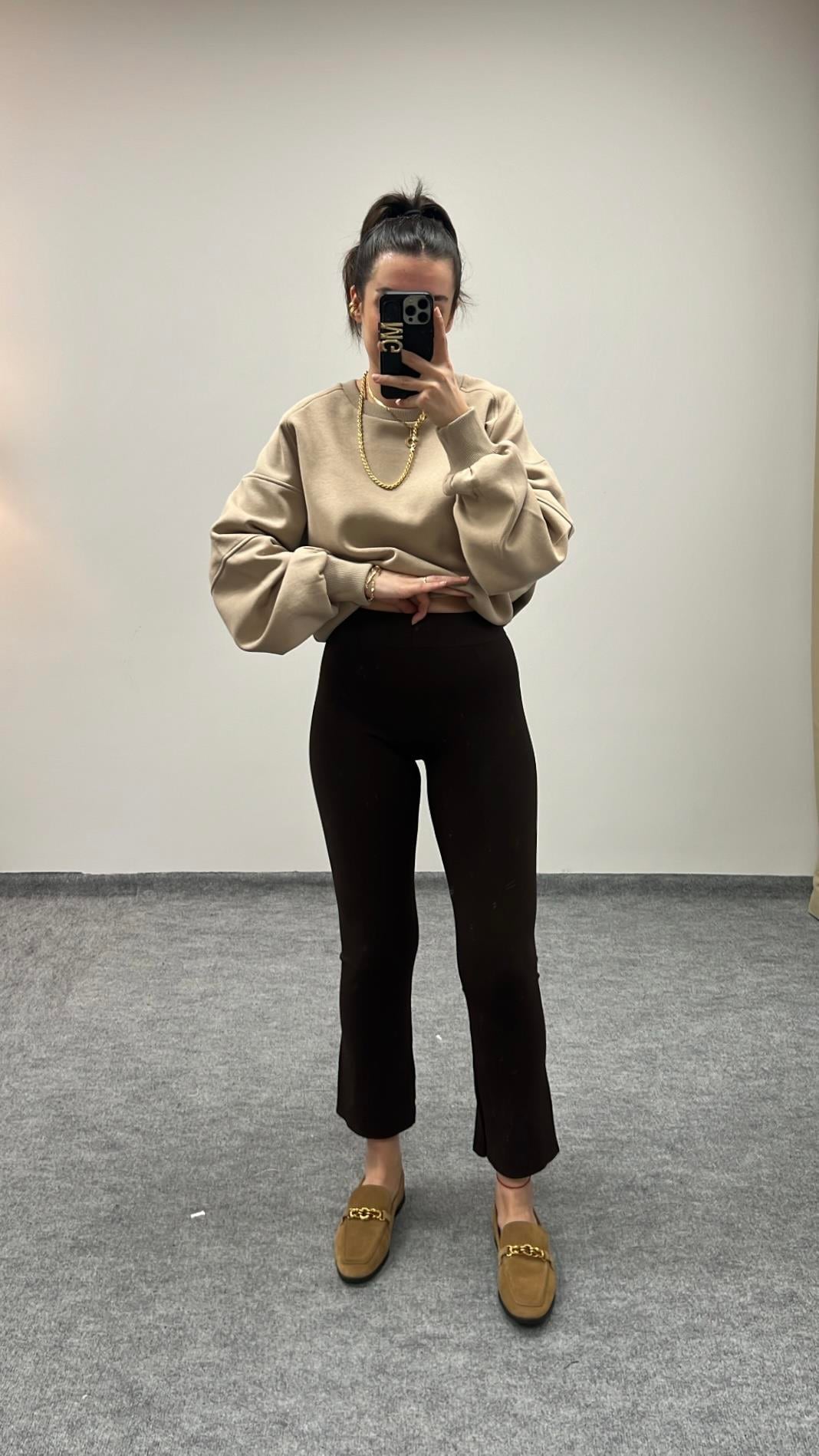 MARKA ACI KAHVE SIK ÖRME FLARE TRİKO PANTOLON