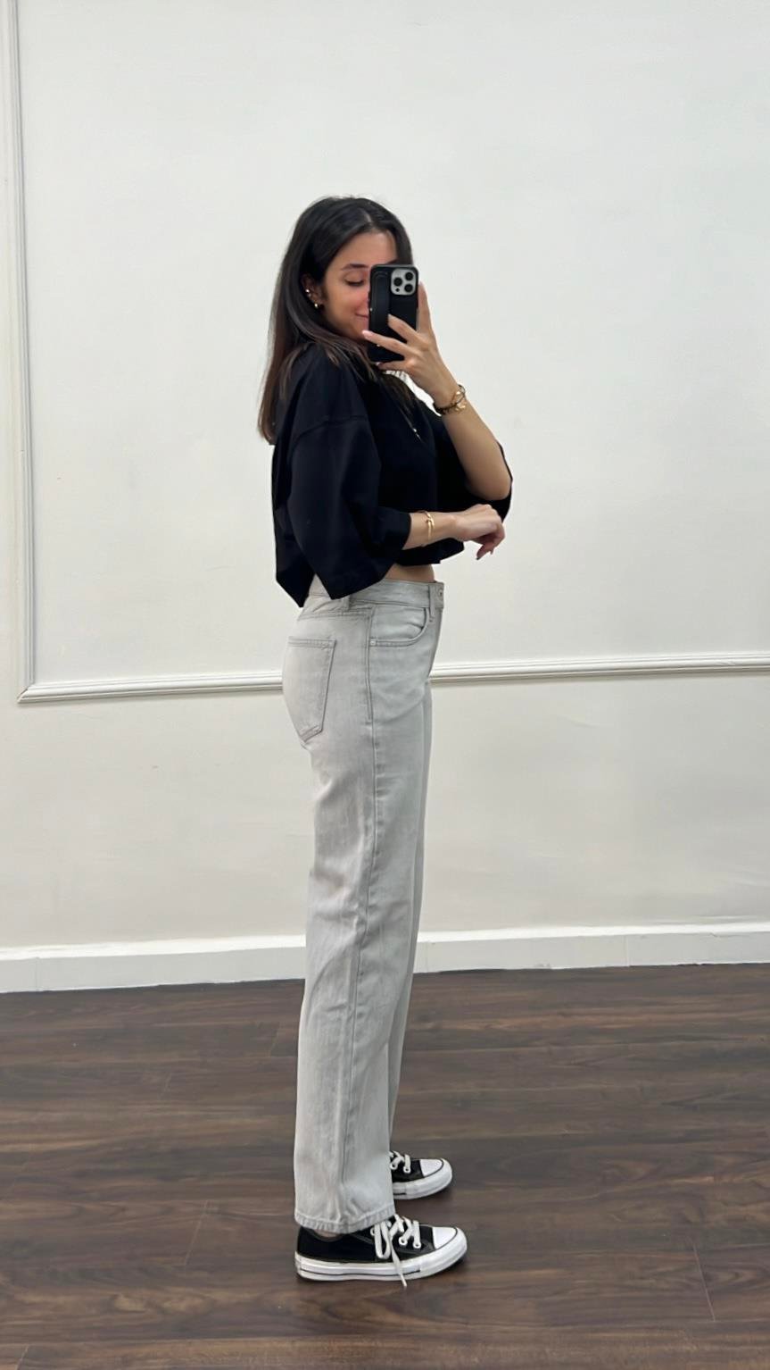 Marka Açık Gri Orta Bel Straight Jean