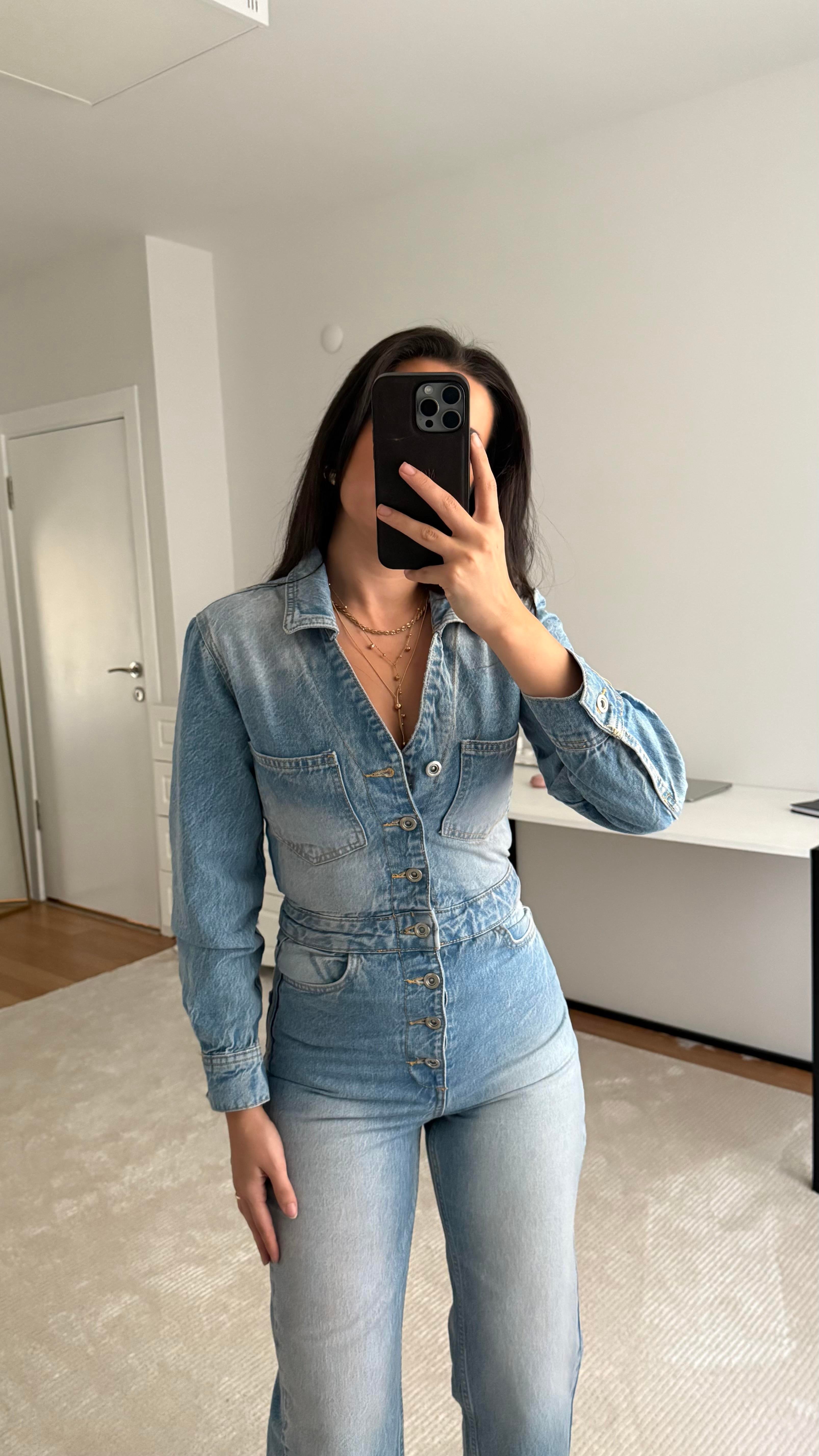 Marka Açık Mavi Denim Tulum