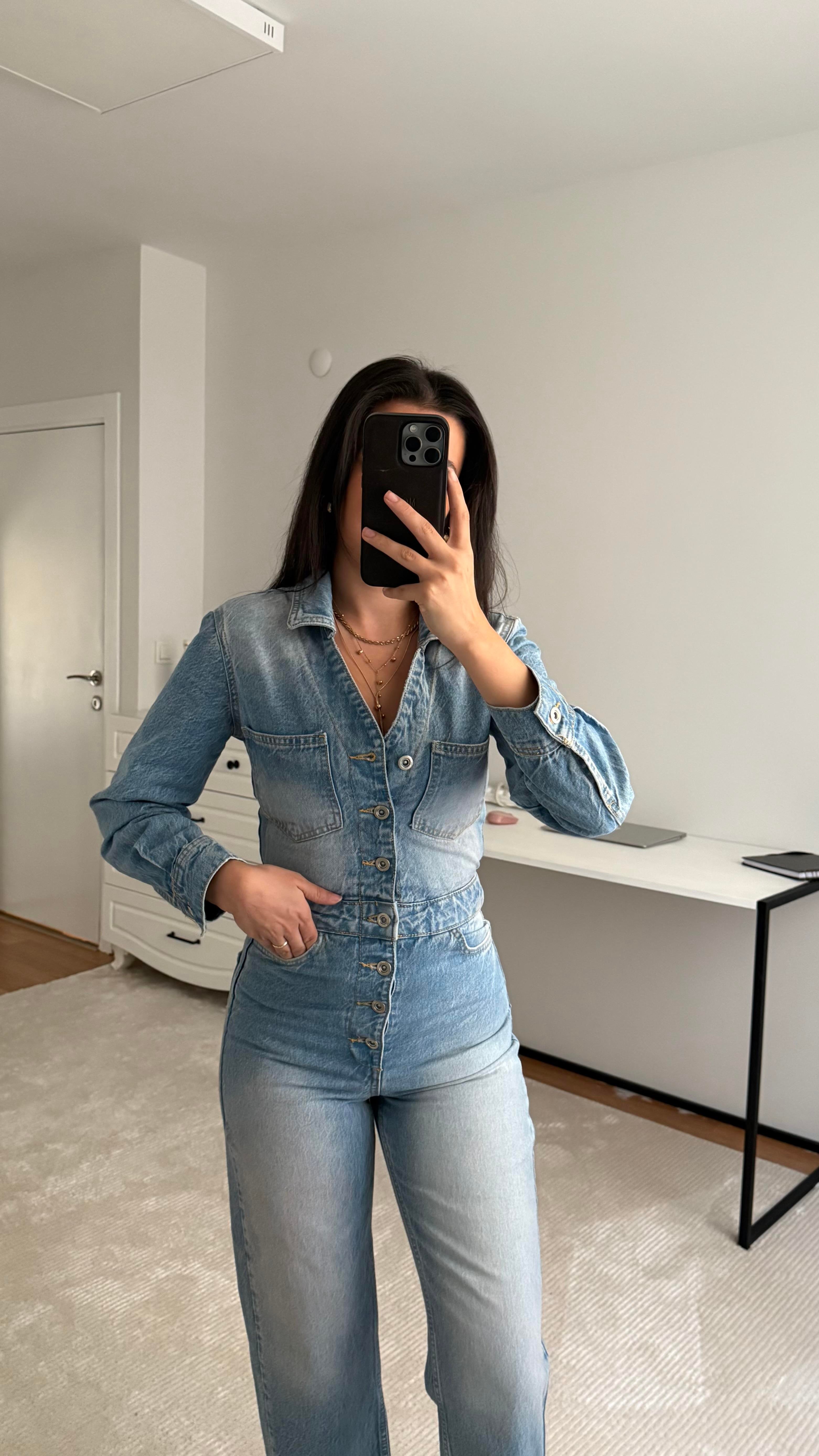 Marka Açık Mavi Denim Tulum