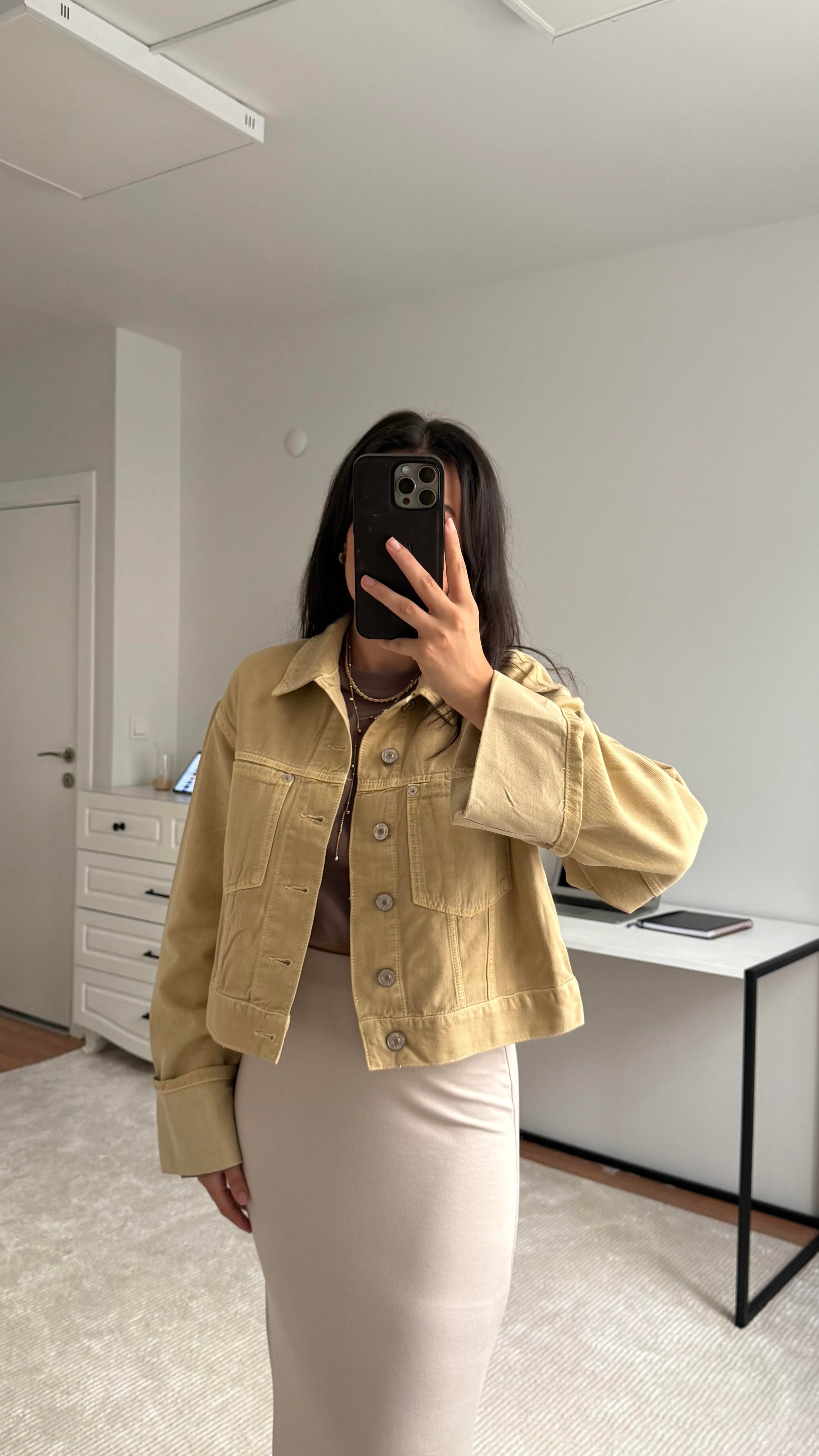 Marka Bej Double Kol Detaylı Denim Ceket