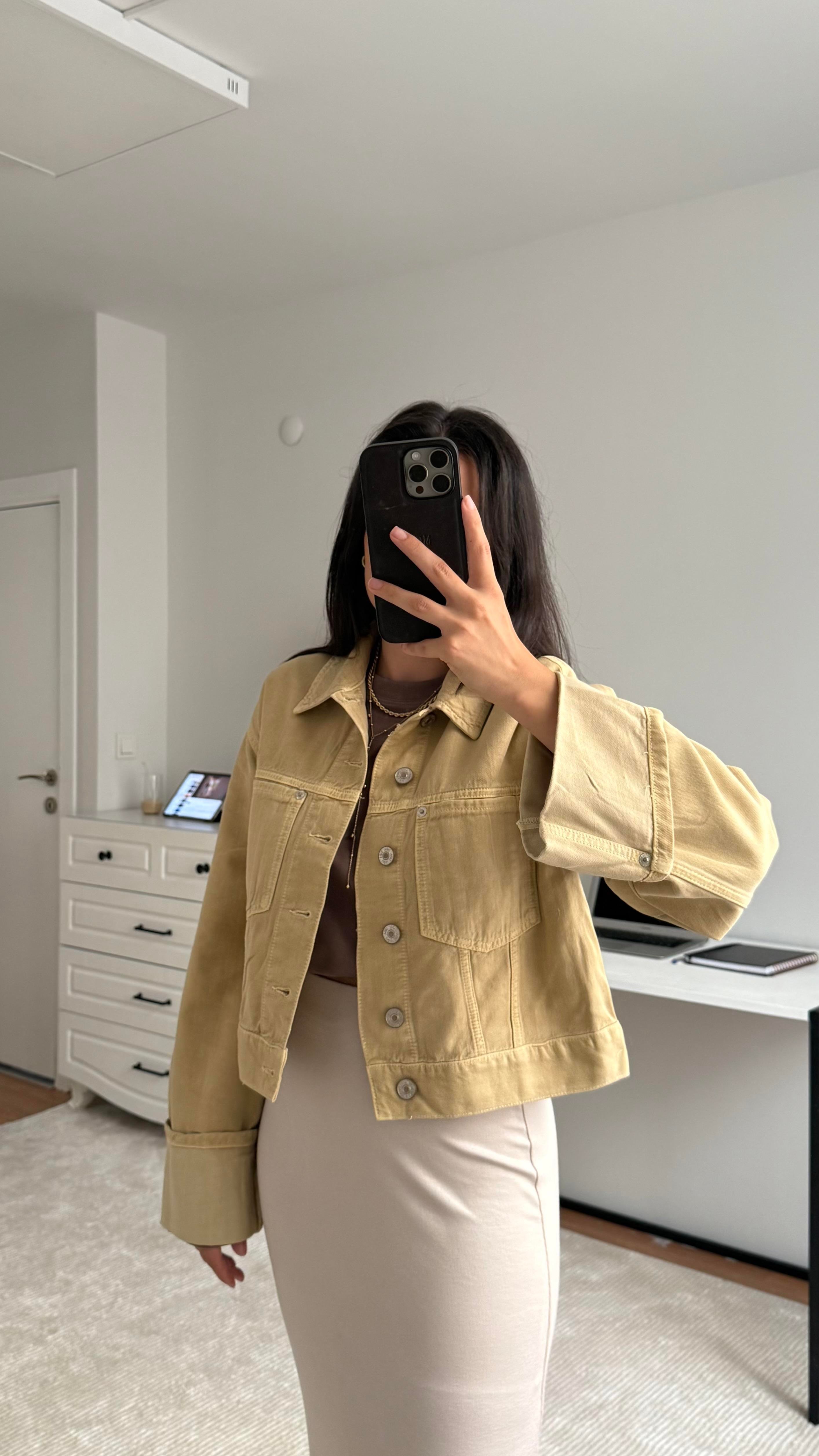 Marka Bej Double Kol Detaylı Denim Ceket