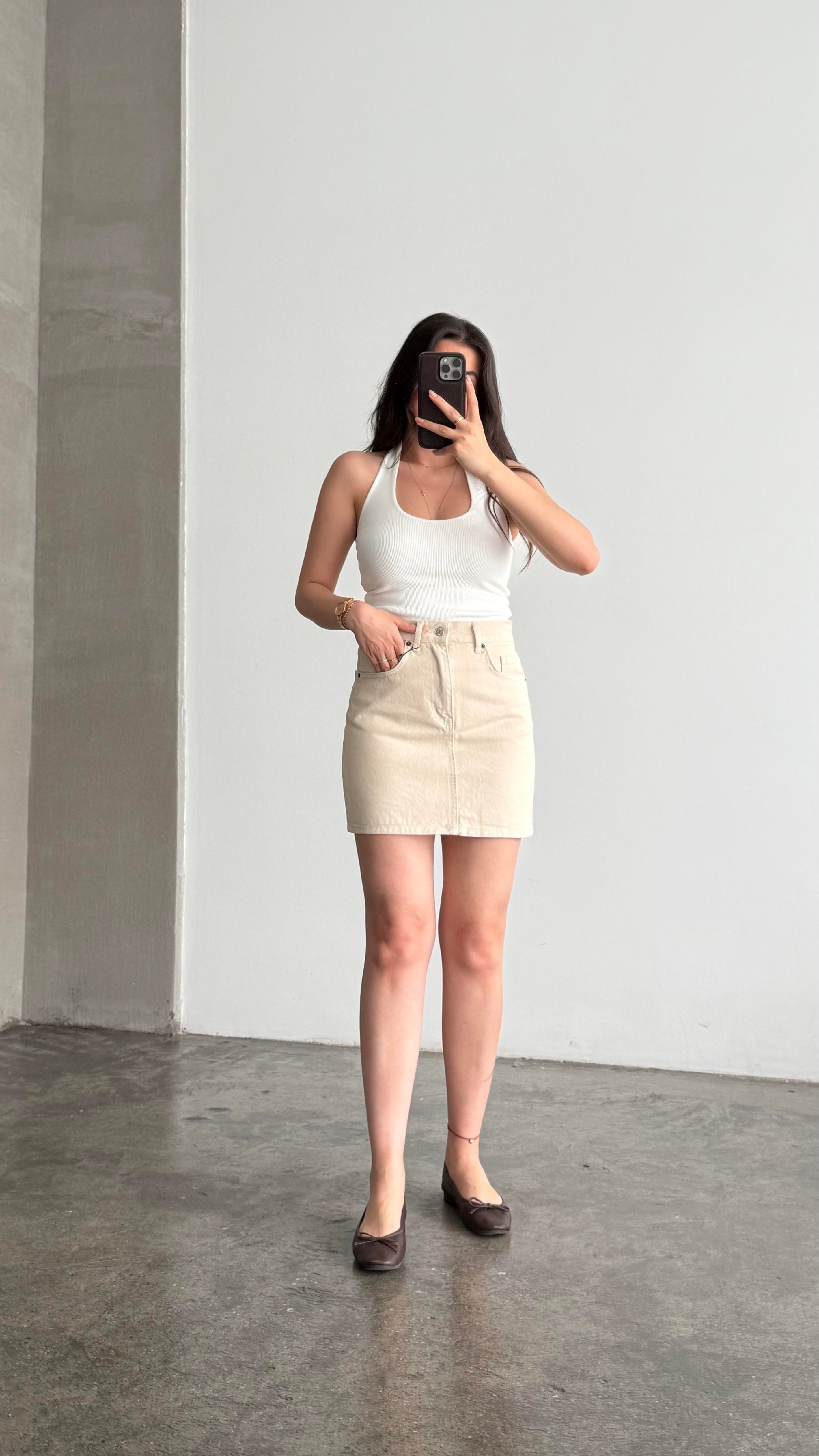 Marka Bej Mini Denim Etek