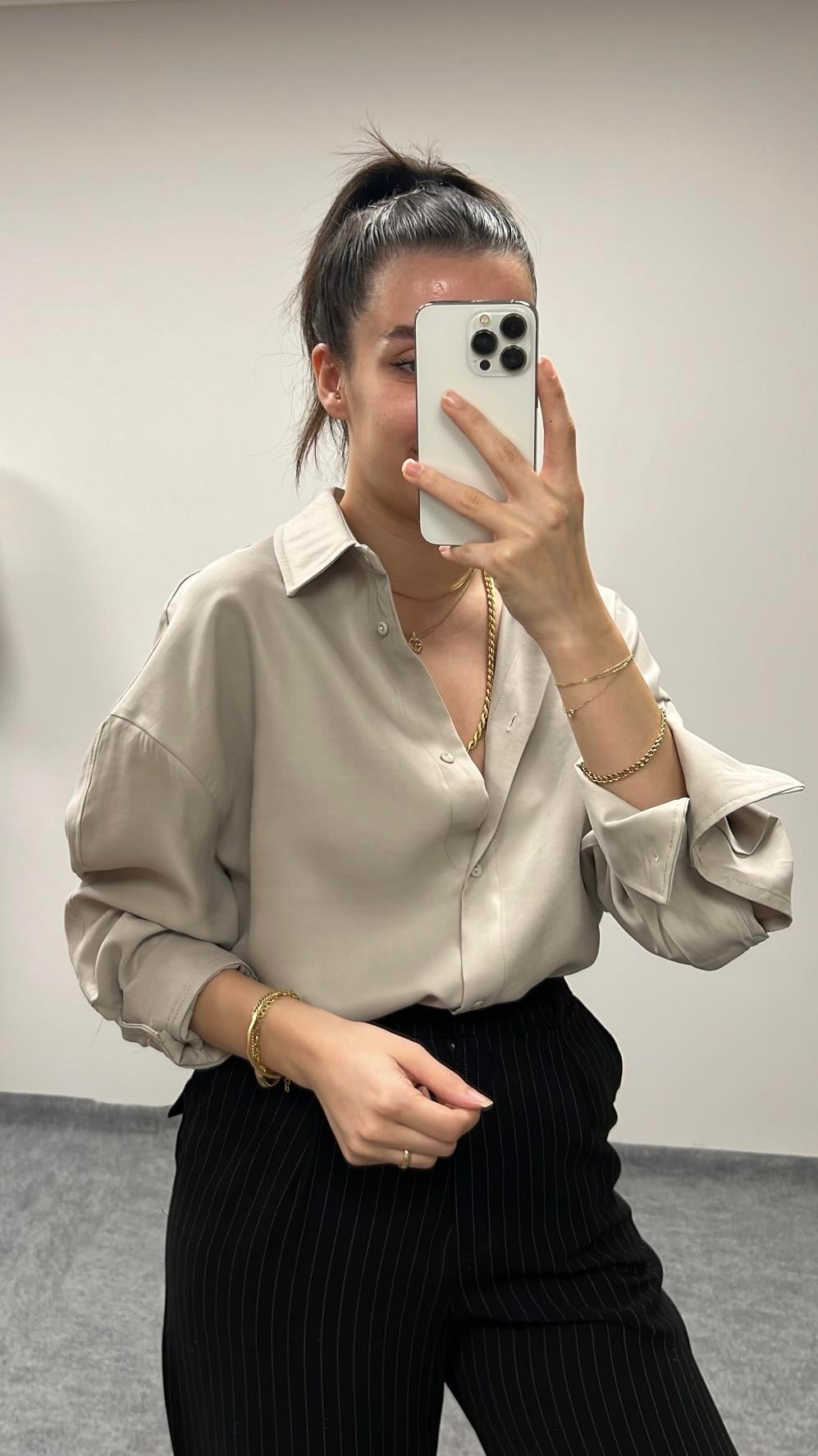 MARKA BEJ TENSEL OVERSIZE GÖMLEK