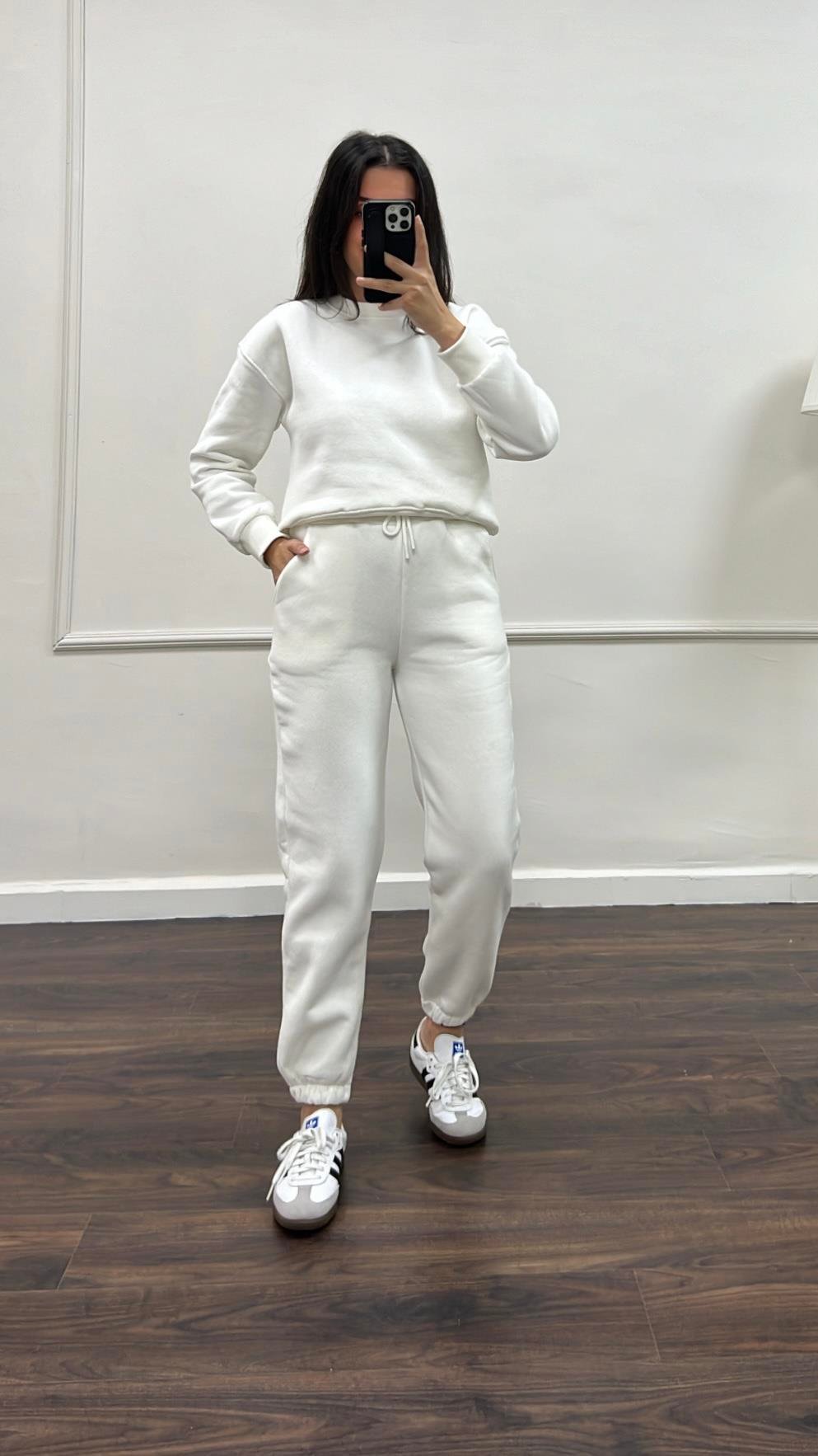 Marka Beyaz Pamuklu Basıc Sweatshirt/Jogger Takım