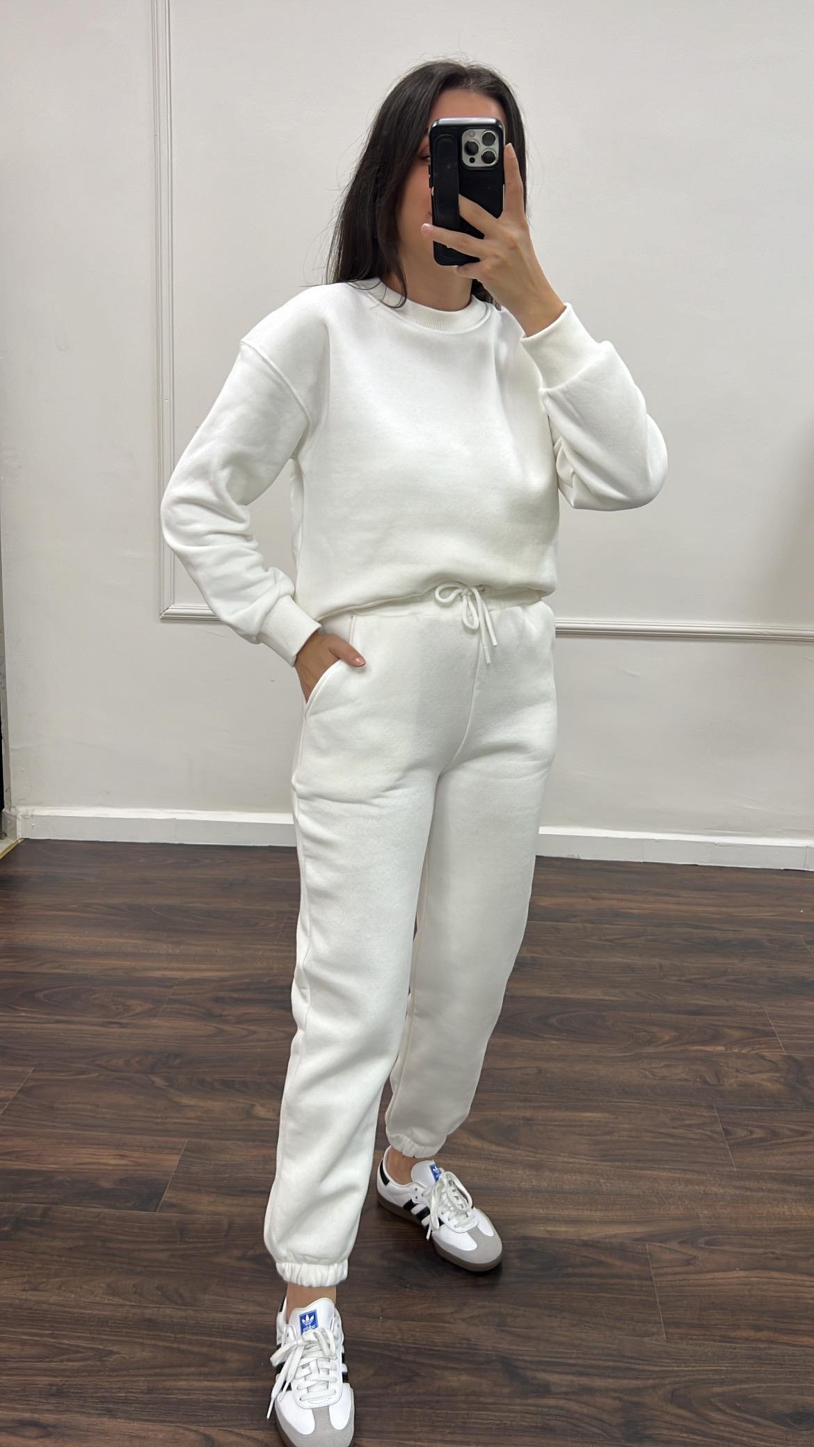 Marka Beyaz Pamuklu Basıc Sweatshirt/Jogger Takım