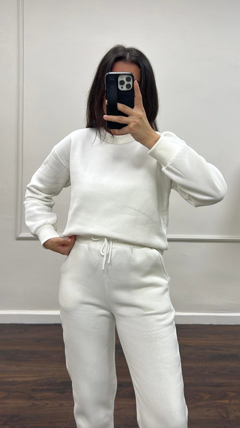 Marka Beyaz Pamuklu Basıc Sweatshirt/Jogger Takım