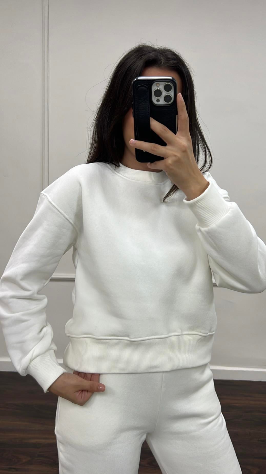 Marka Beyaz Pamuklu Basıc Sweatshirt/Jogger Takım