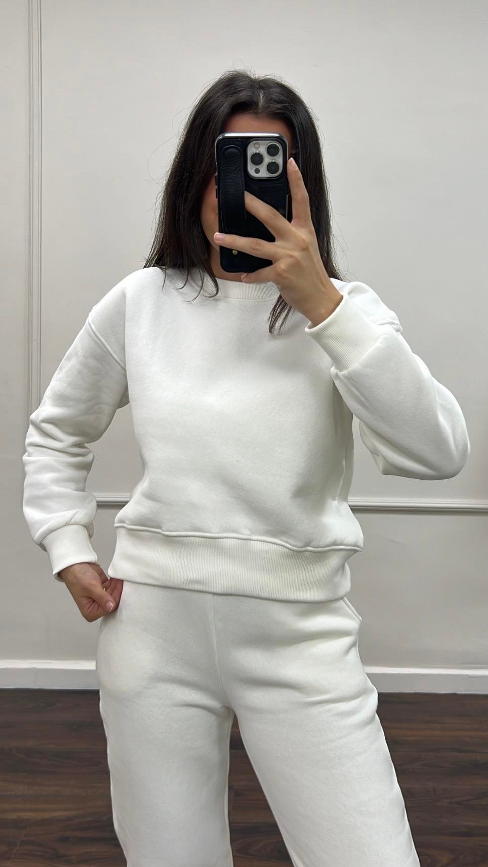 Marka Beyaz Pamuklu Basıc Sweatshirt/Jogger Takım