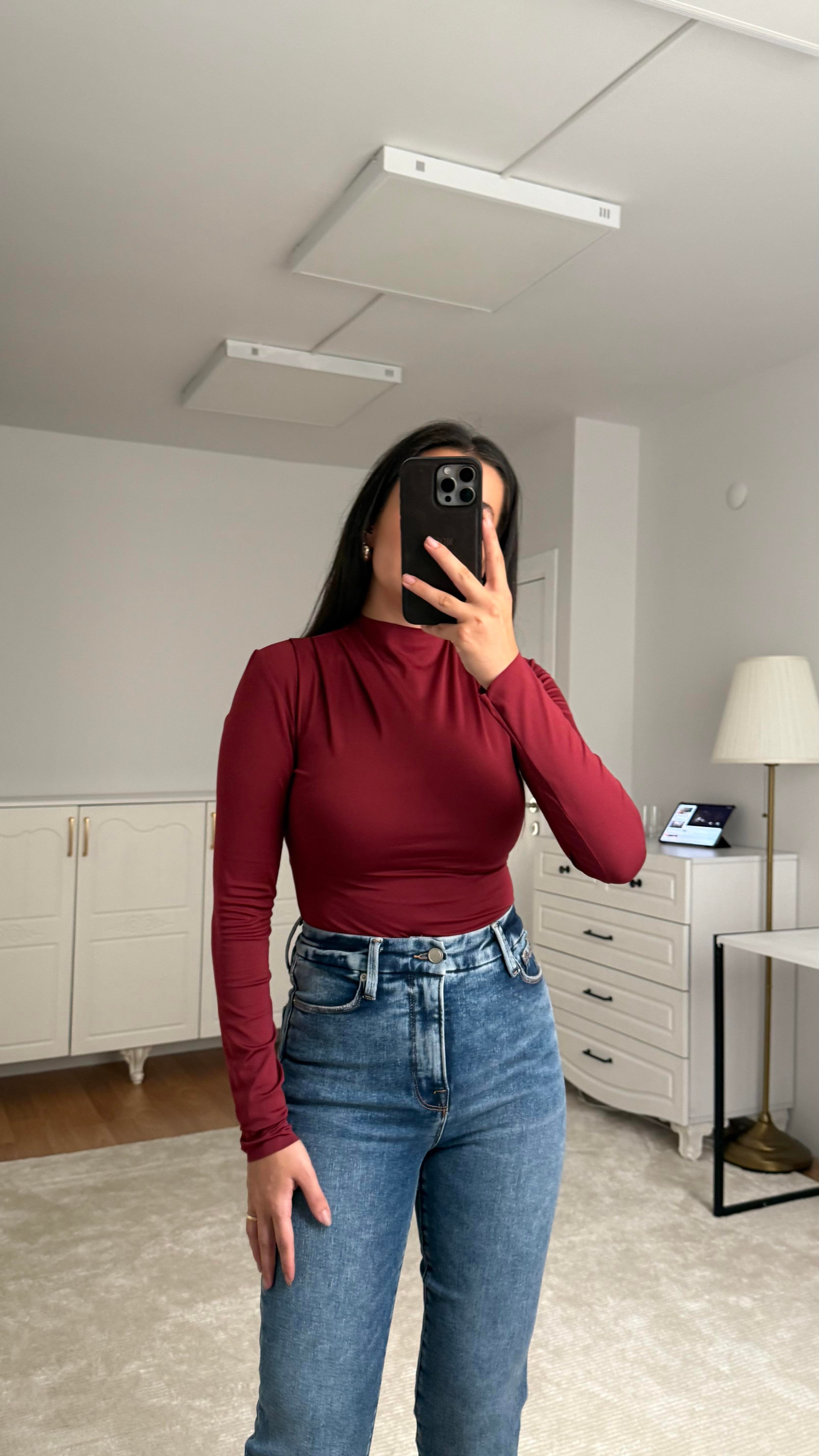 Marka Bordo Dik Yaka Bodysuit