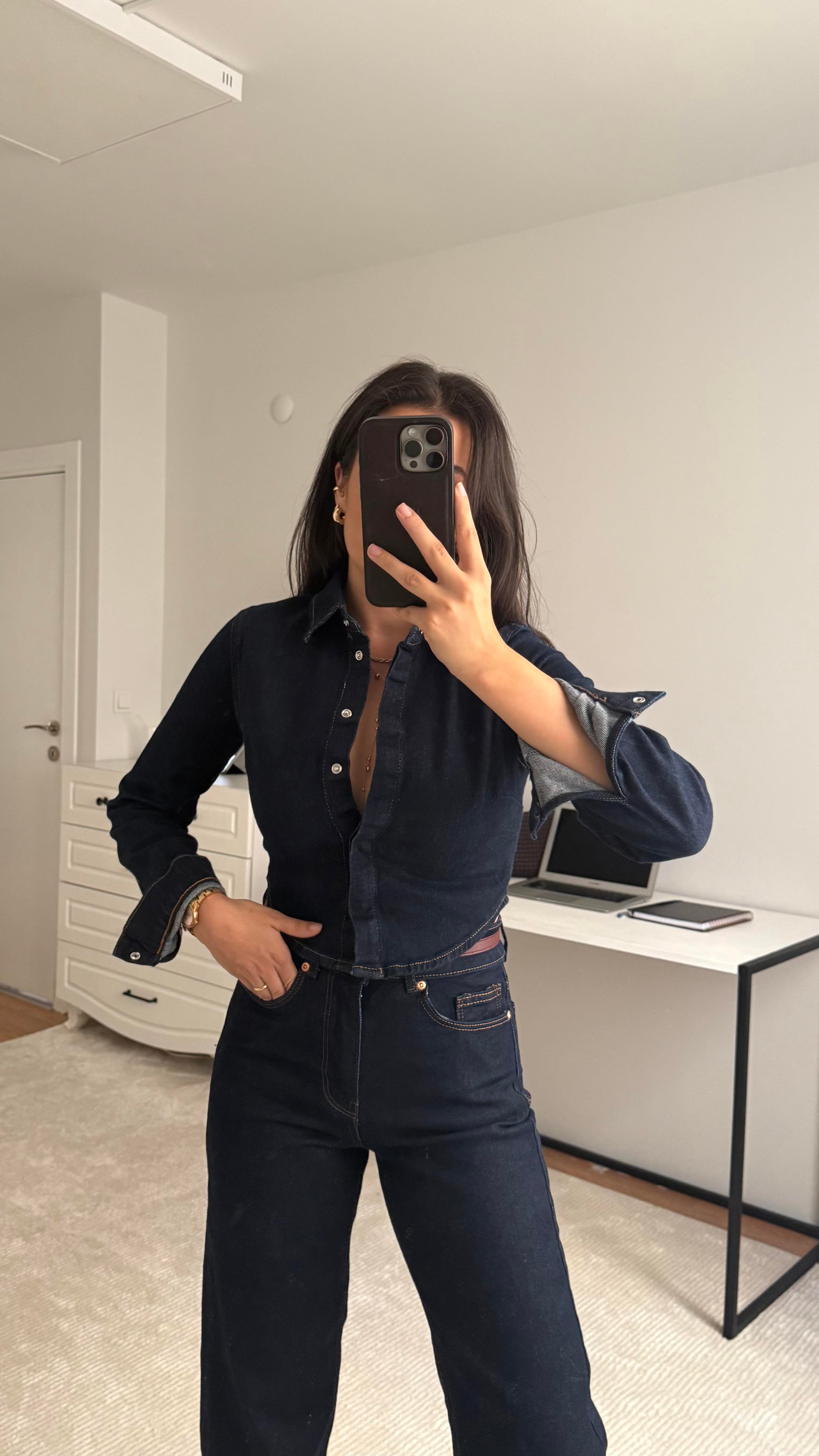 Marka Çıtçıtlı Uzun Kol Denim Gömlek