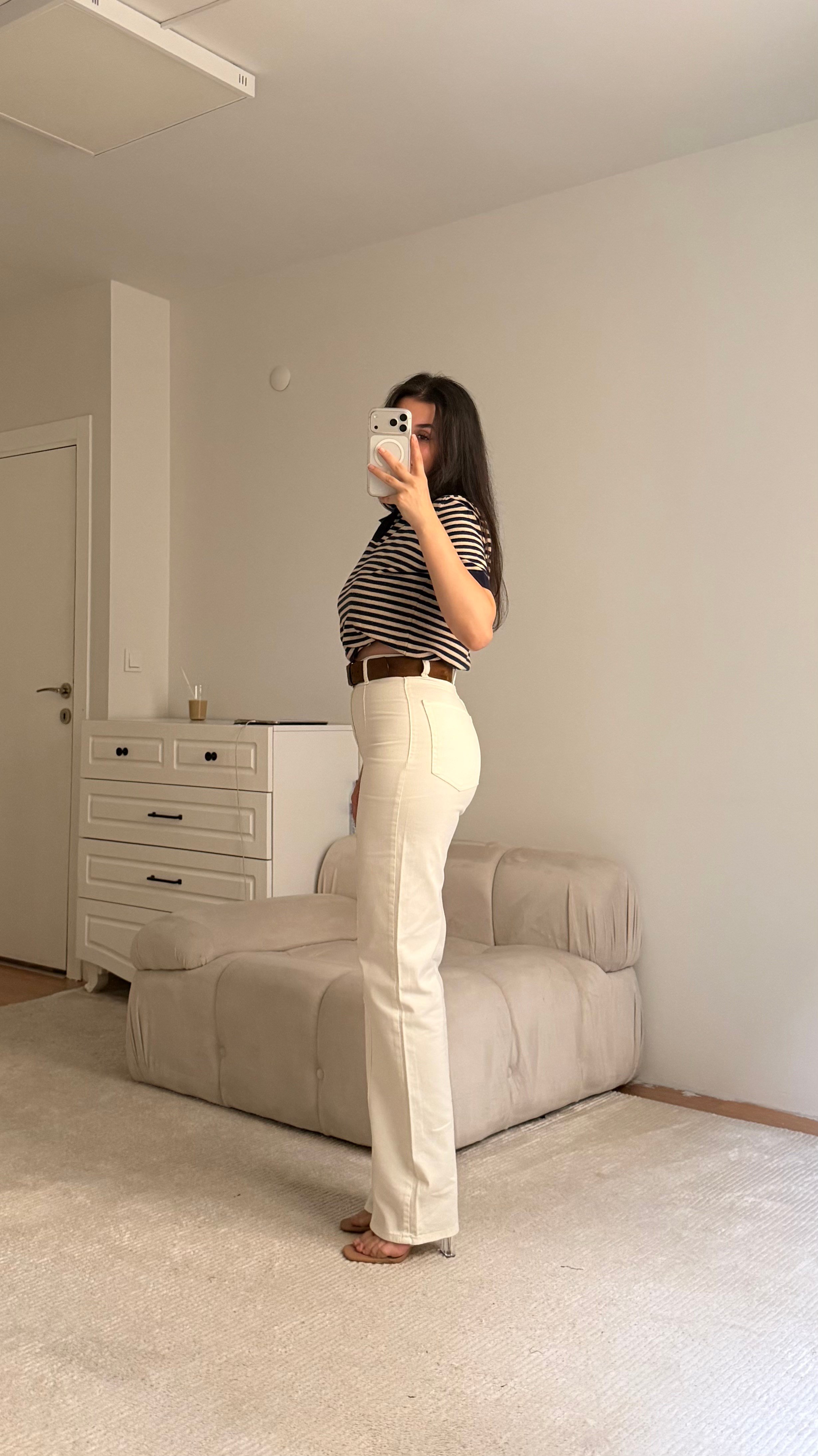 Marka Ekru Çimalı Düz Kesim Denim