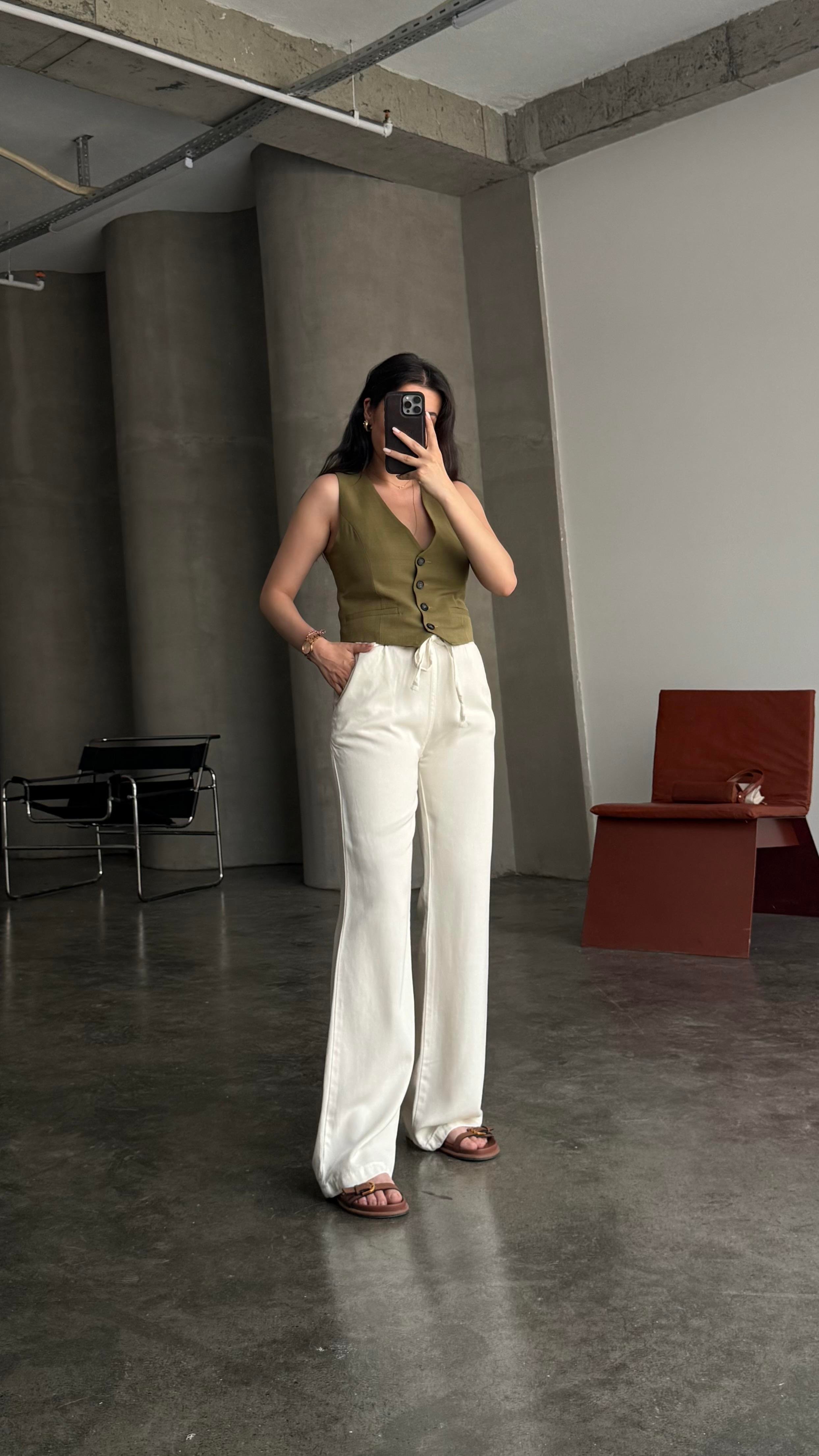 Marka Ekru Tensel Straight Pantalon