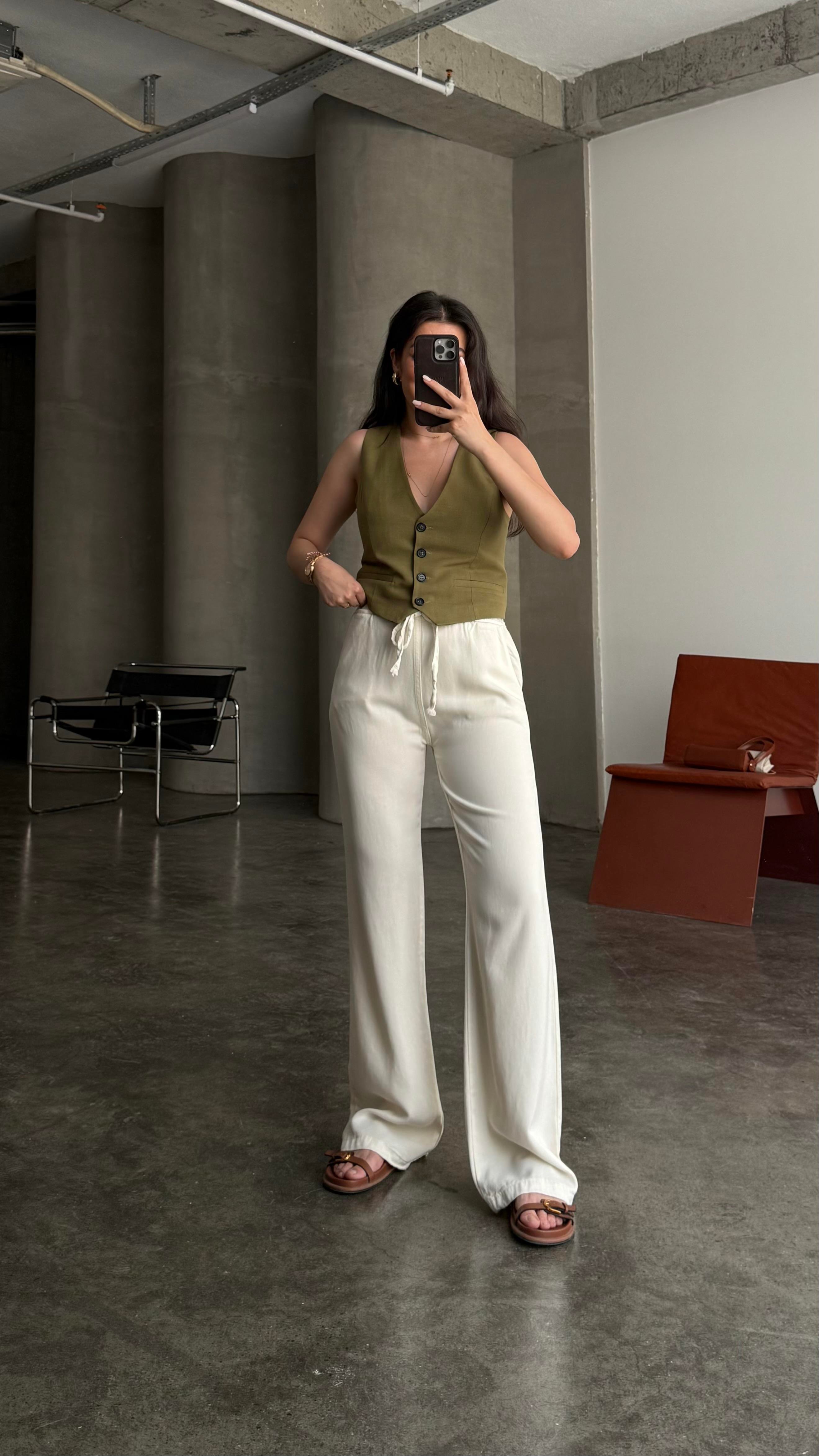 Marka Ekru Tensel Straight Pantalon