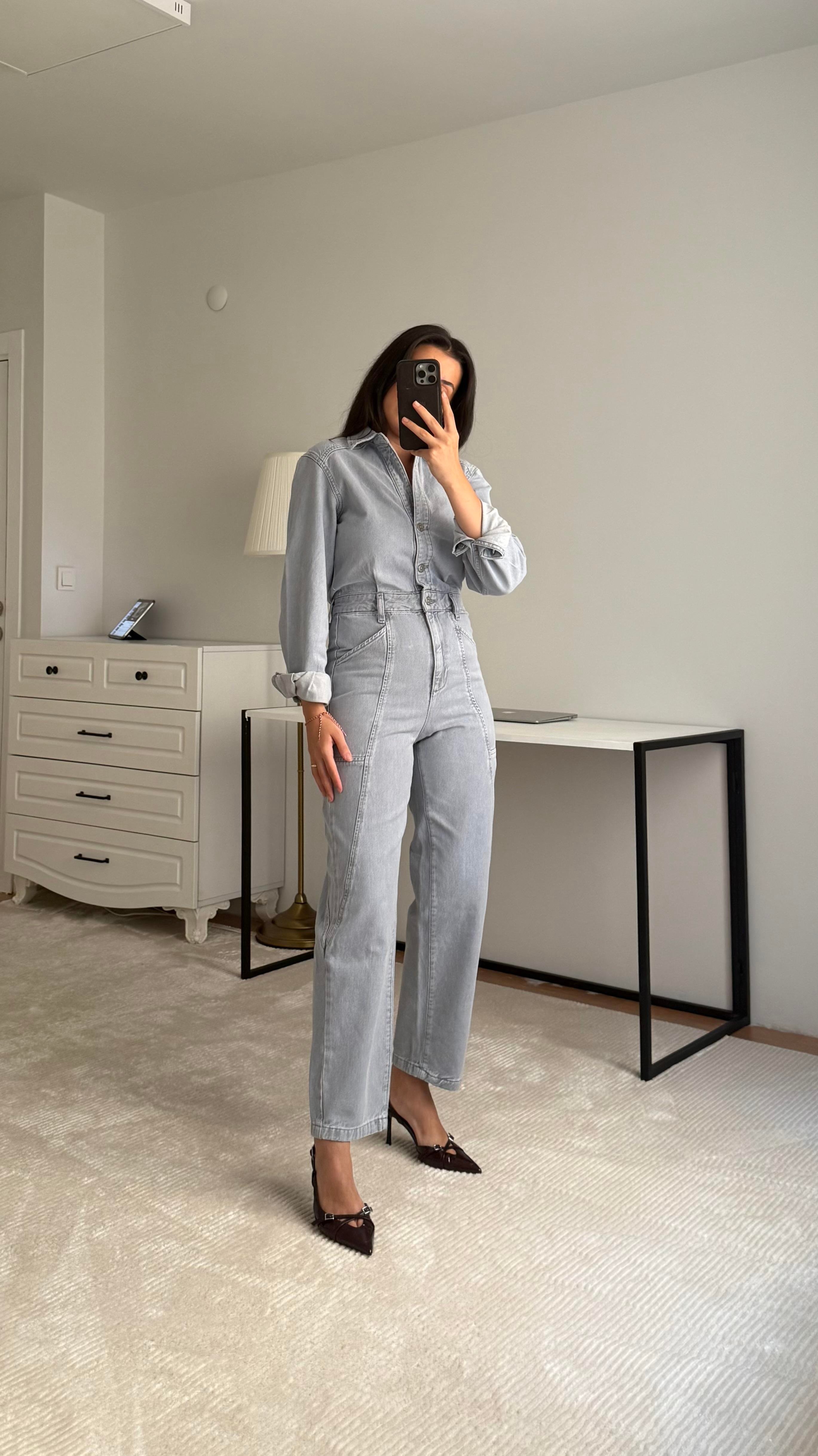 Marka Gri/Mavi Dikiş Detaylı Tulum