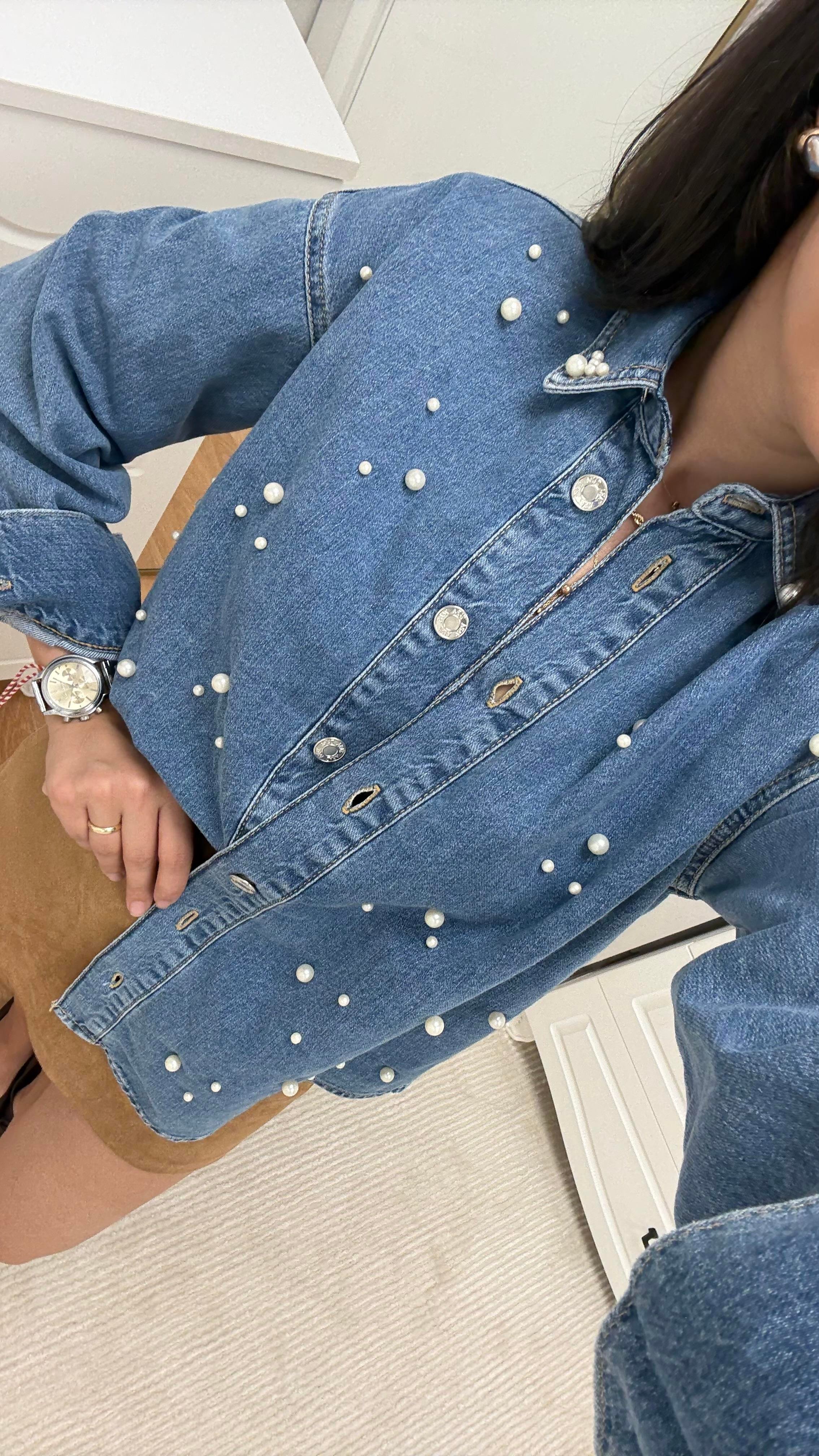 Marka İnci İşlemeli Denim Gömlek