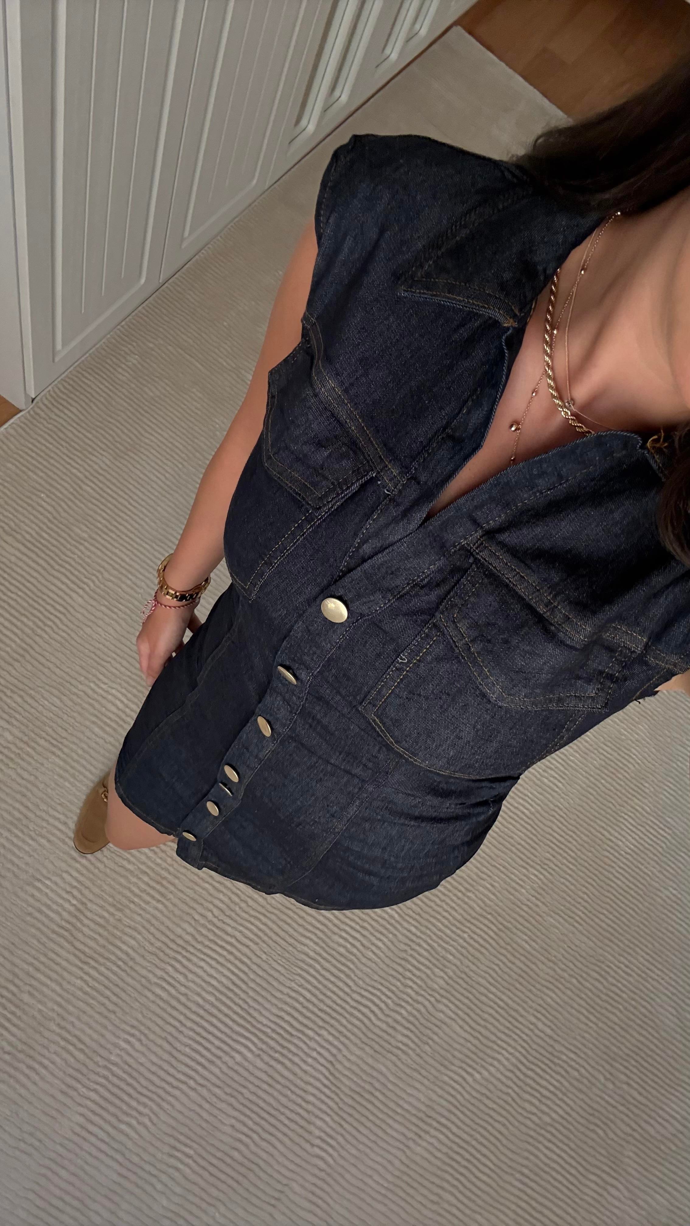 Marka Koyu Laci Kısa Kol Denim Elbise