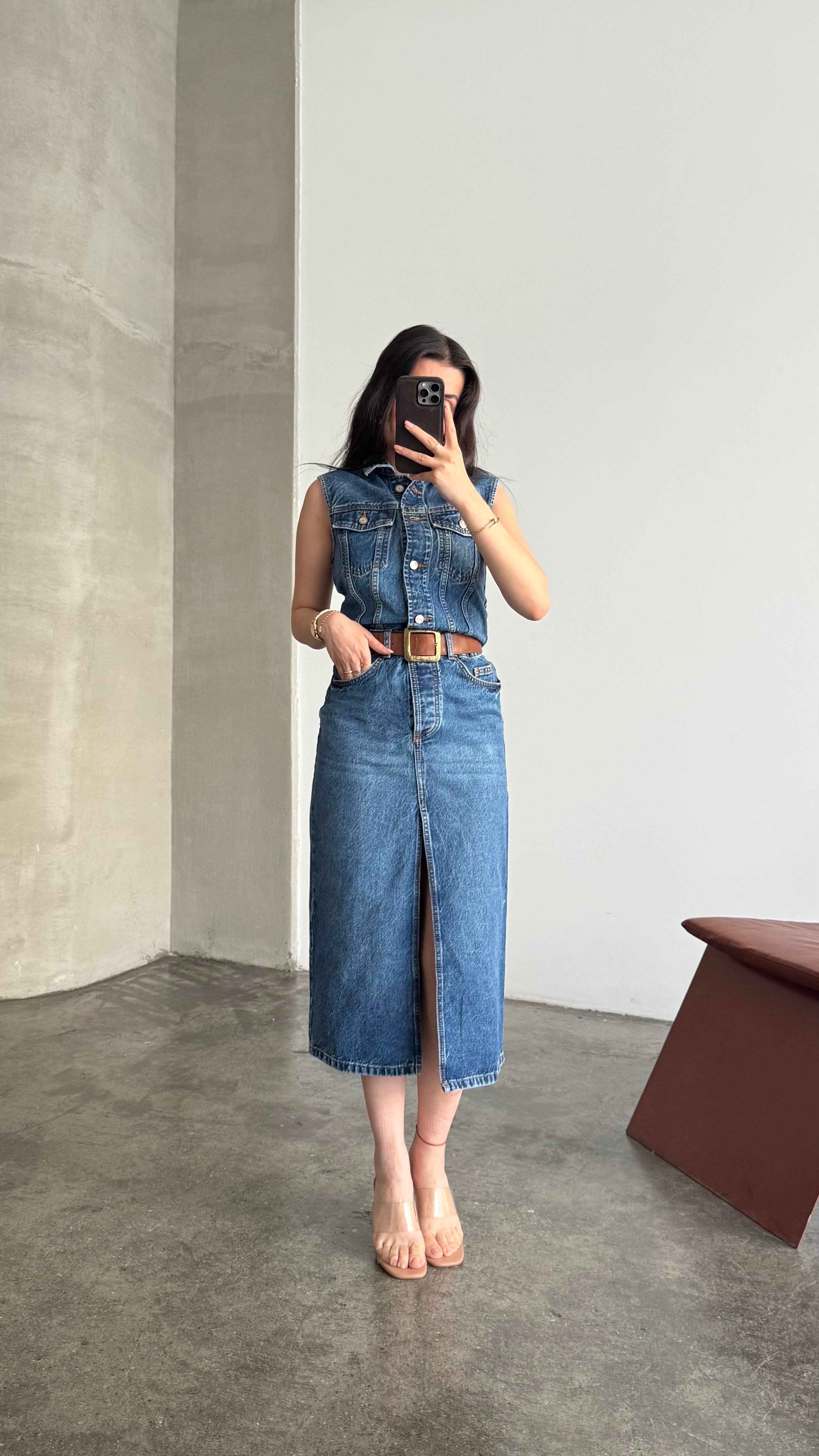 Marka Koyu Mavi Kolsuz Denim Elbise 