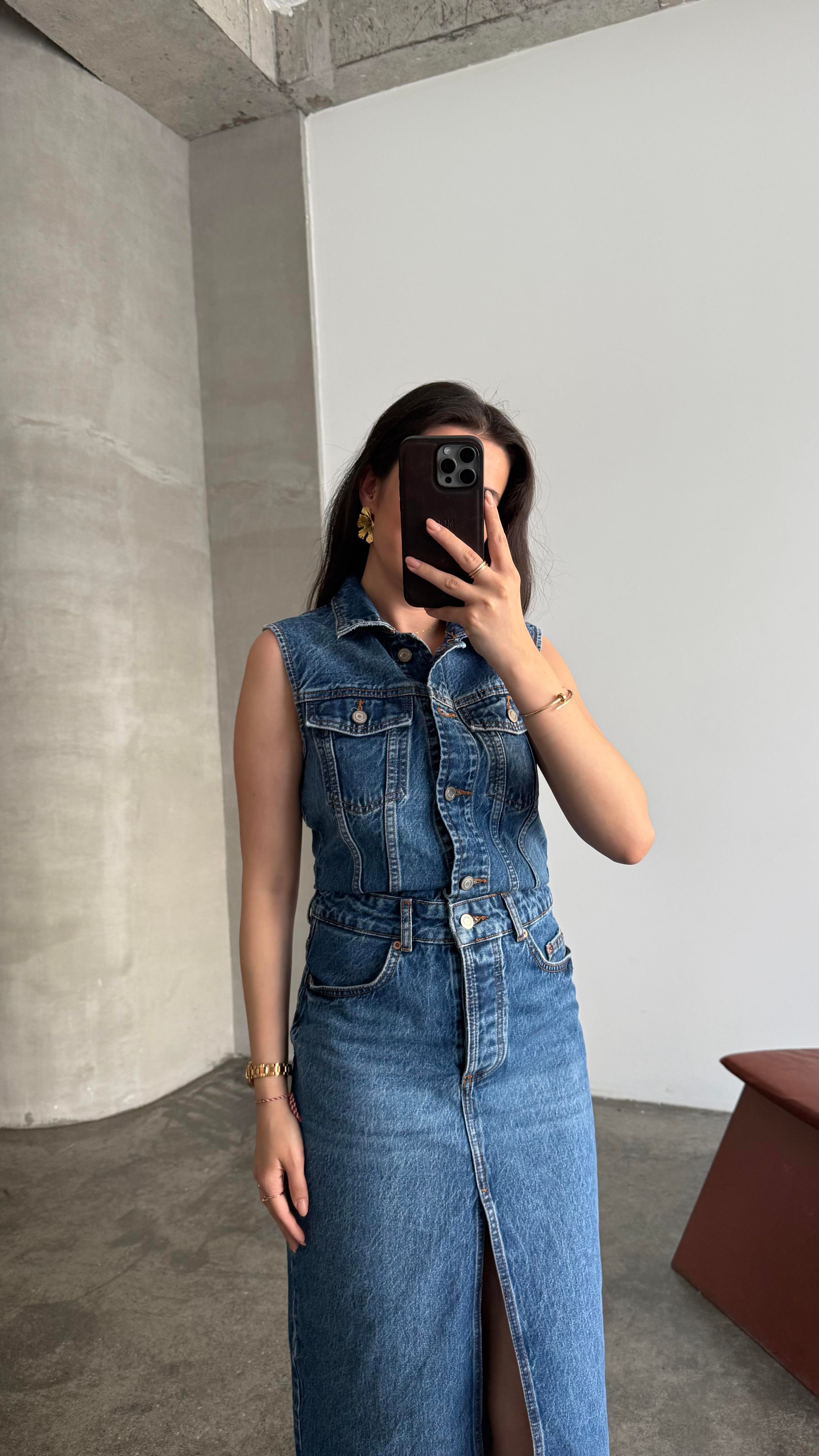 Marka Koyu Mavi Kolsuz Denim Elbise 