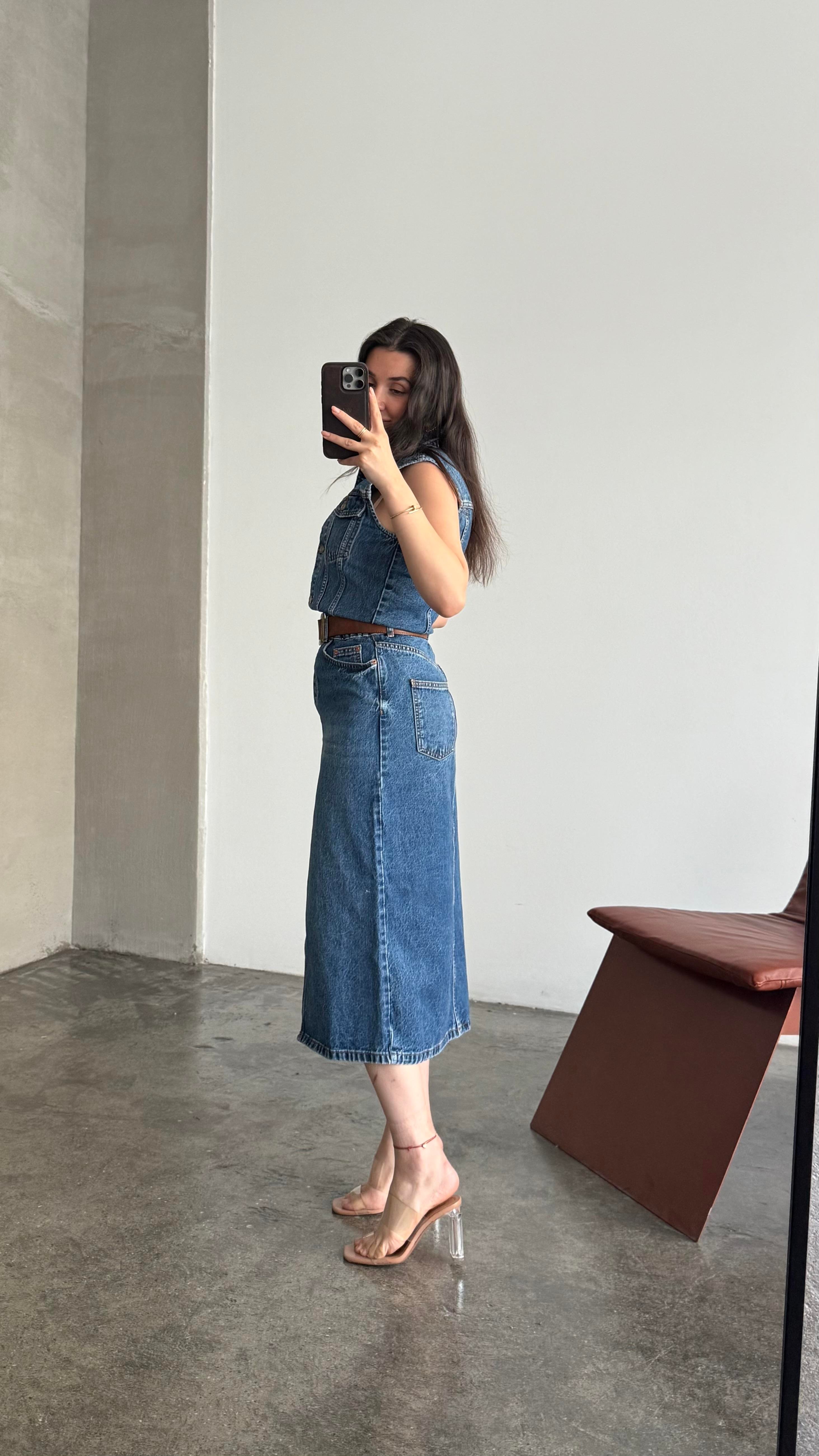 Marka Koyu Mavi Kolsuz Denim Elbise 