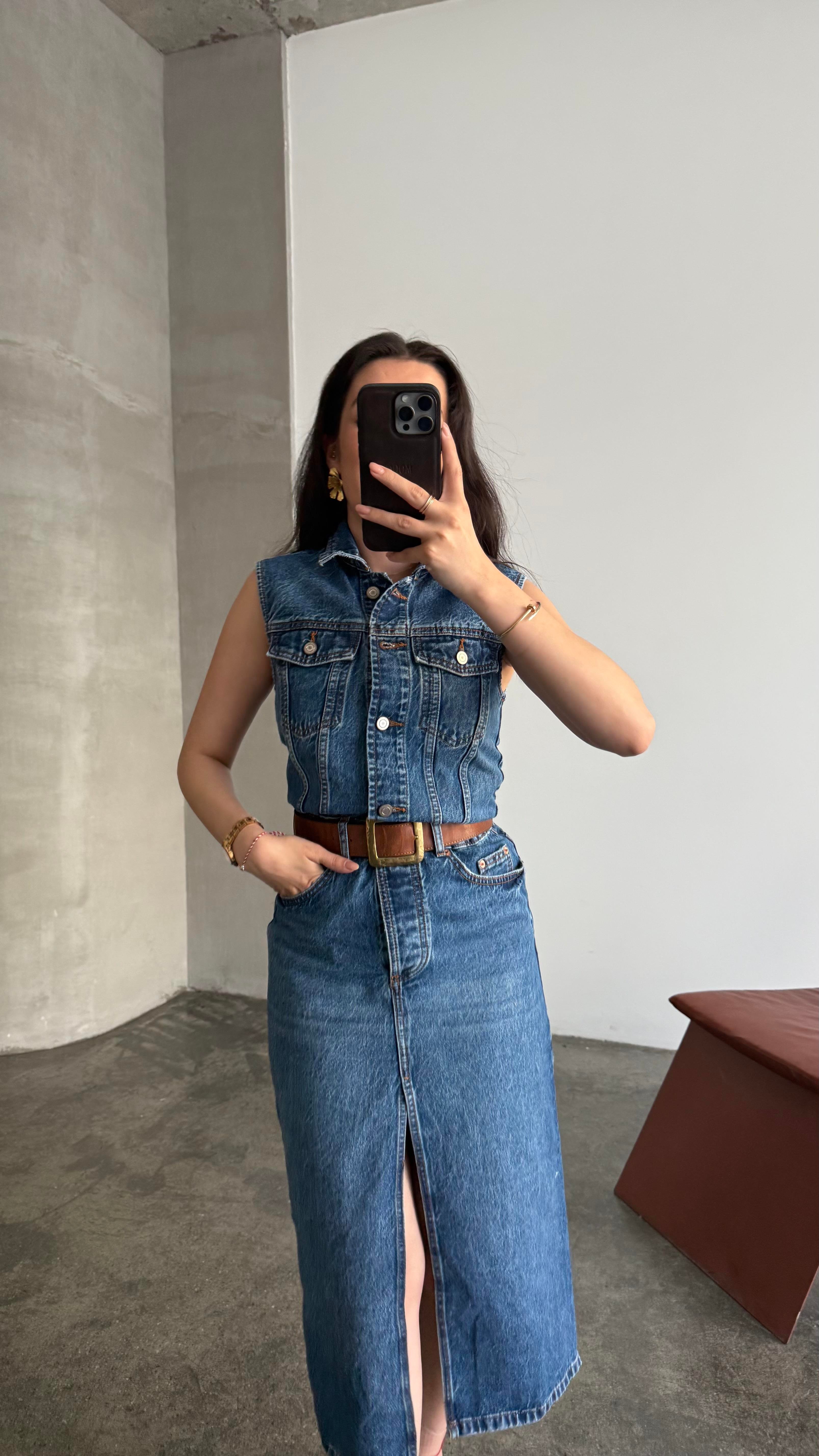 Marka Koyu Mavi Kolsuz Denim Elbise 