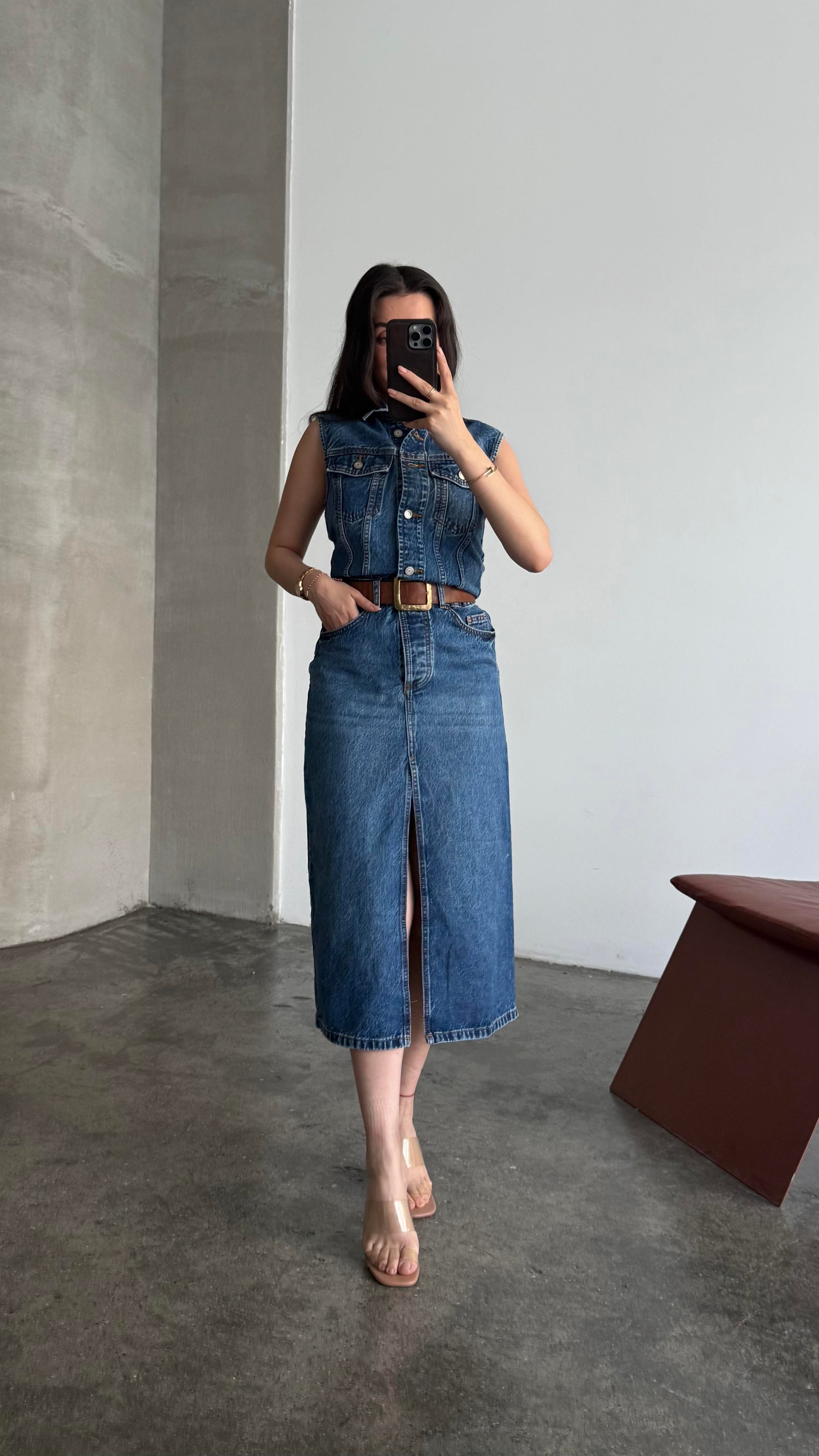 Marka Koyu Mavi Kolsuz Denim Elbise 