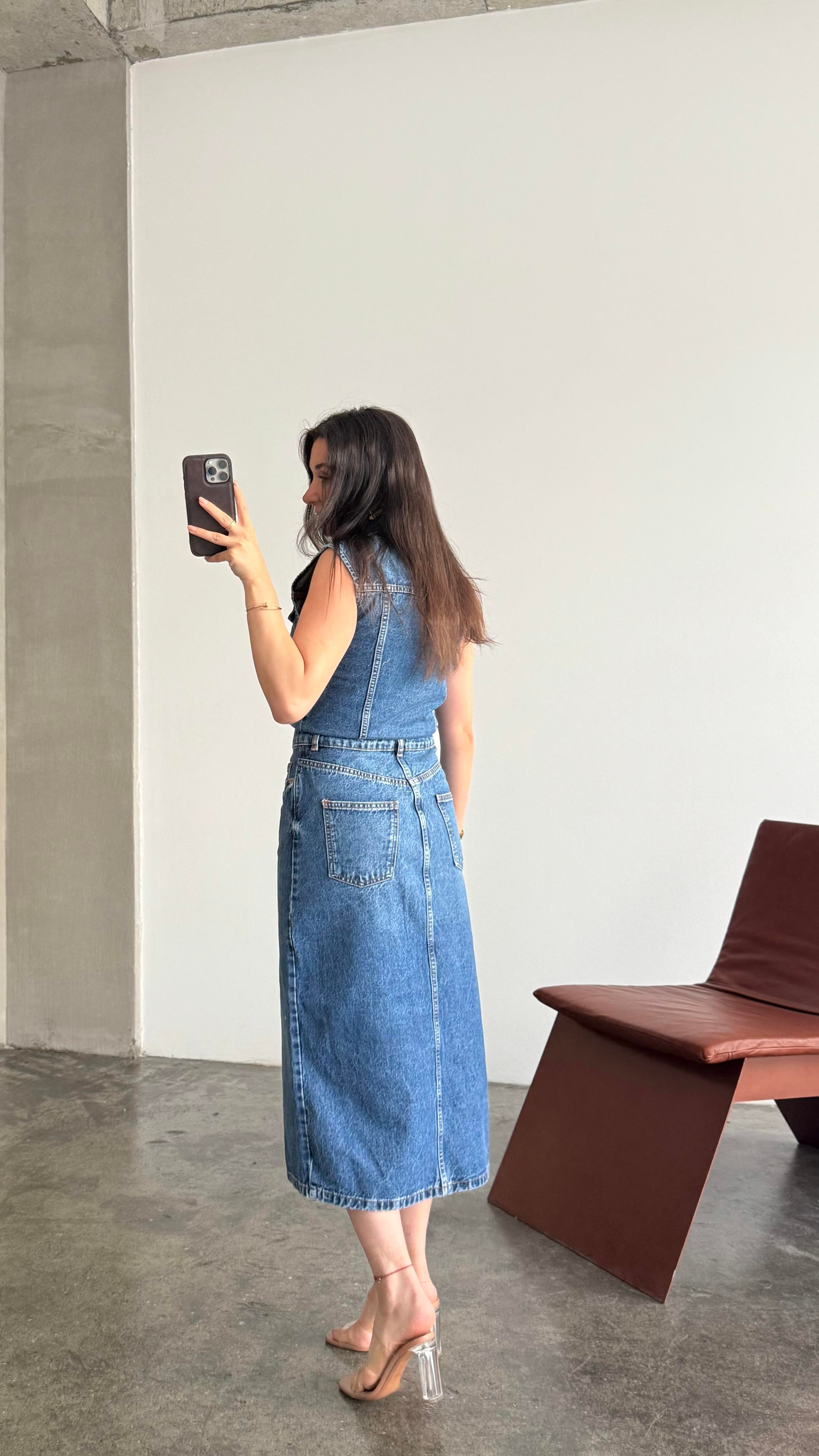 Marka Koyu Mavi Kolsuz Denim Elbise 
