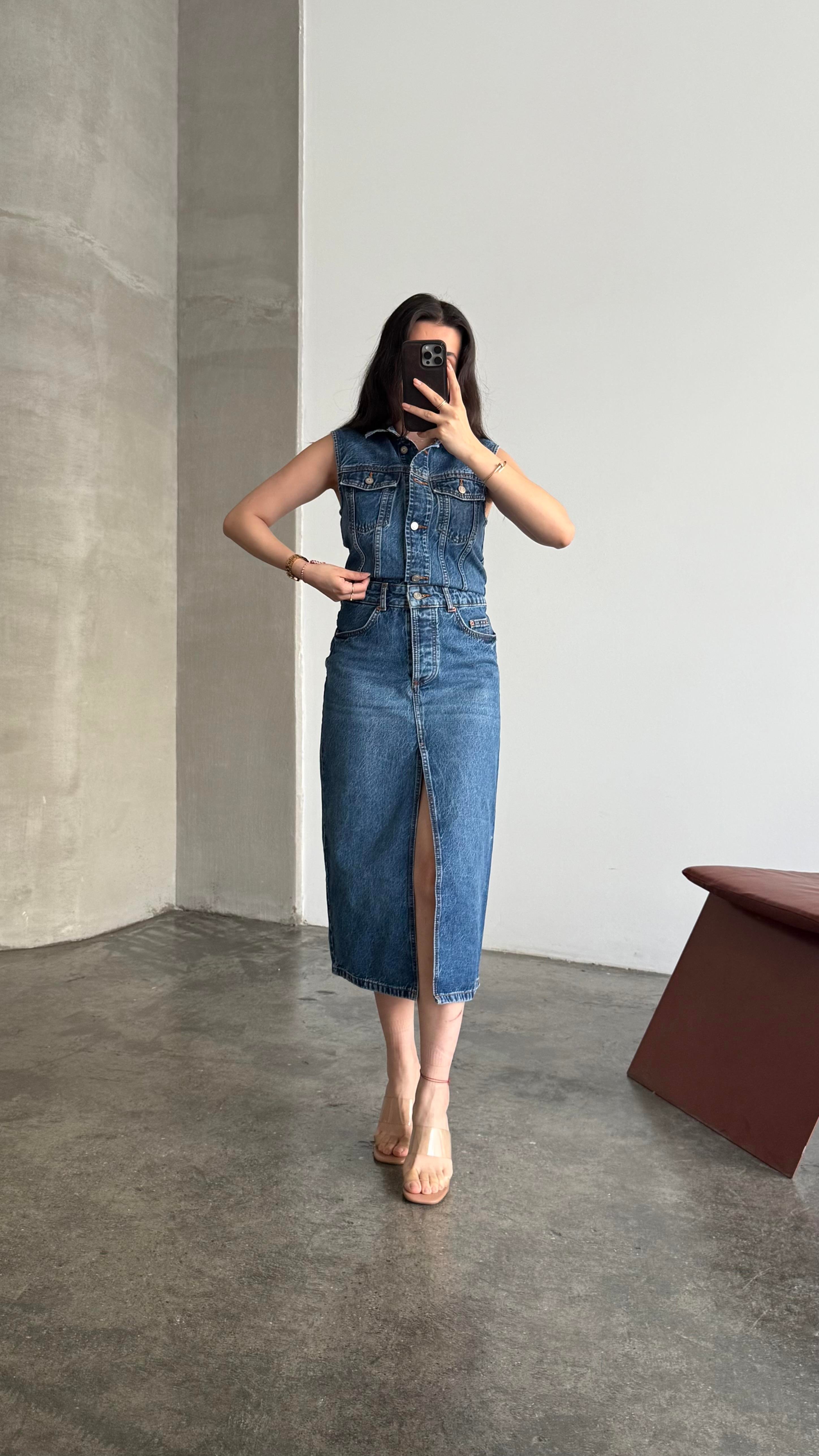 Marka Koyu Mavi Kolsuz Denim Elbise 