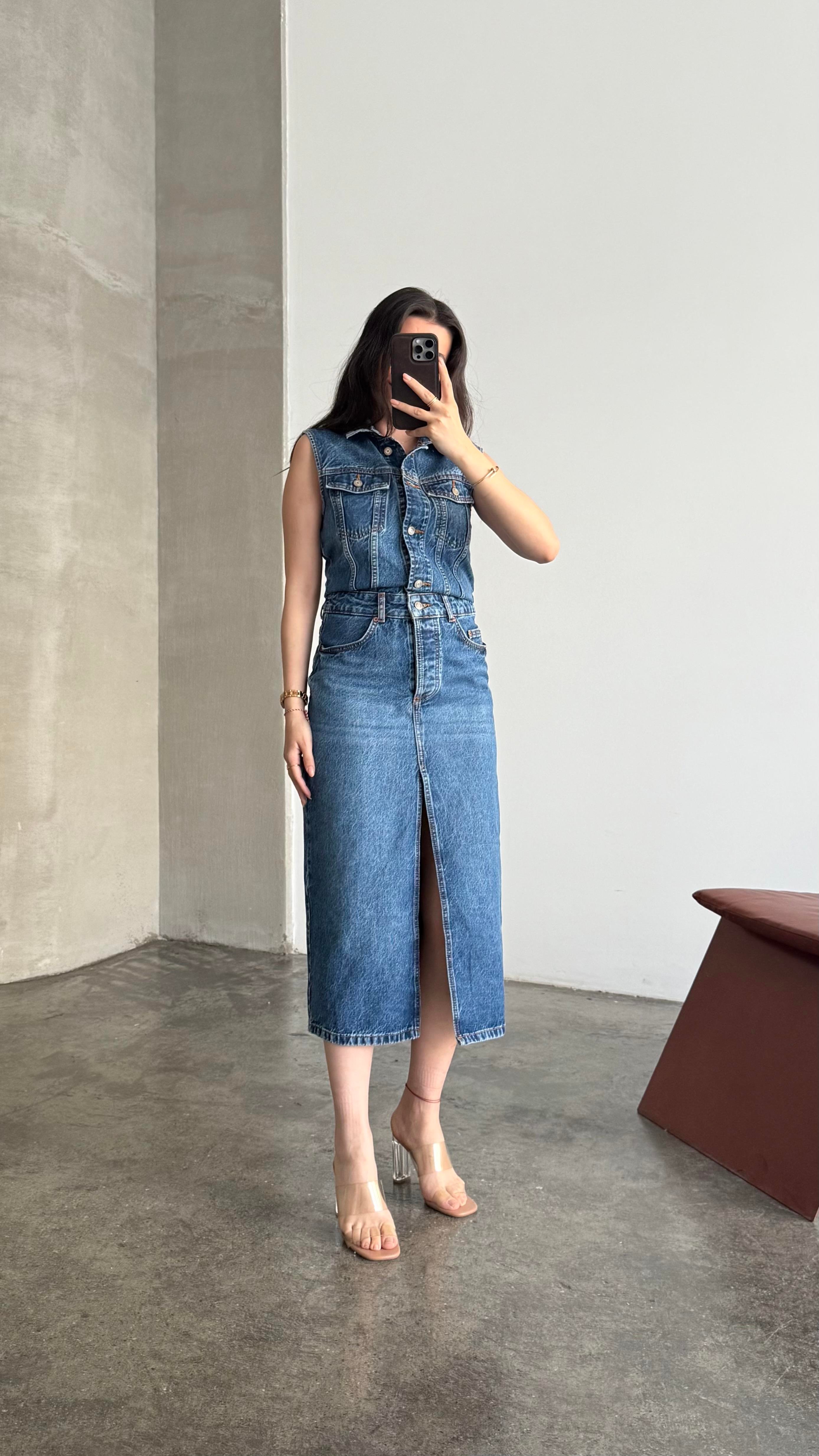 Marka Koyu Mavi Kolsuz Denim Elbise 