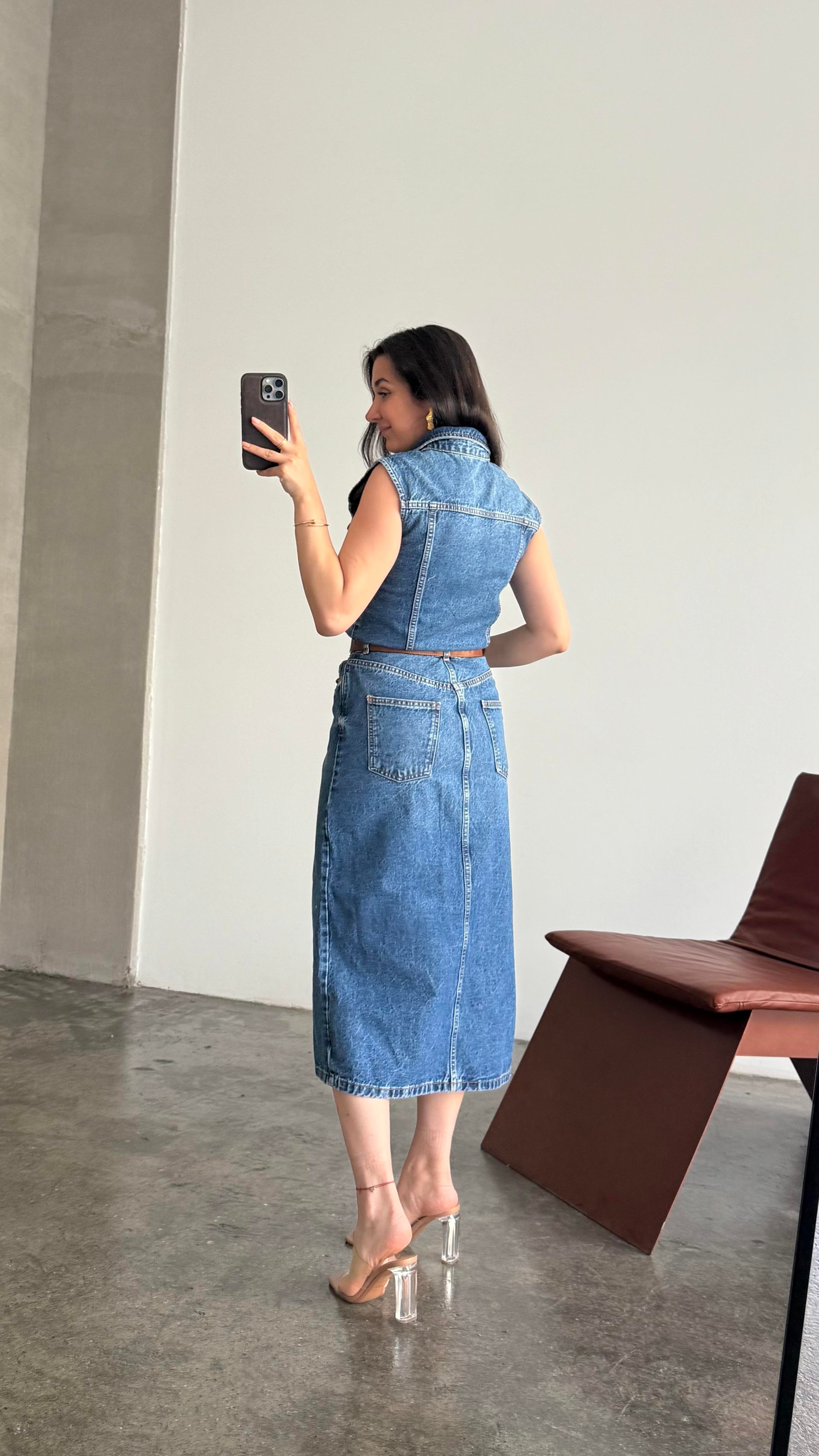 Marka Koyu Mavi Kolsuz Denim Elbise 