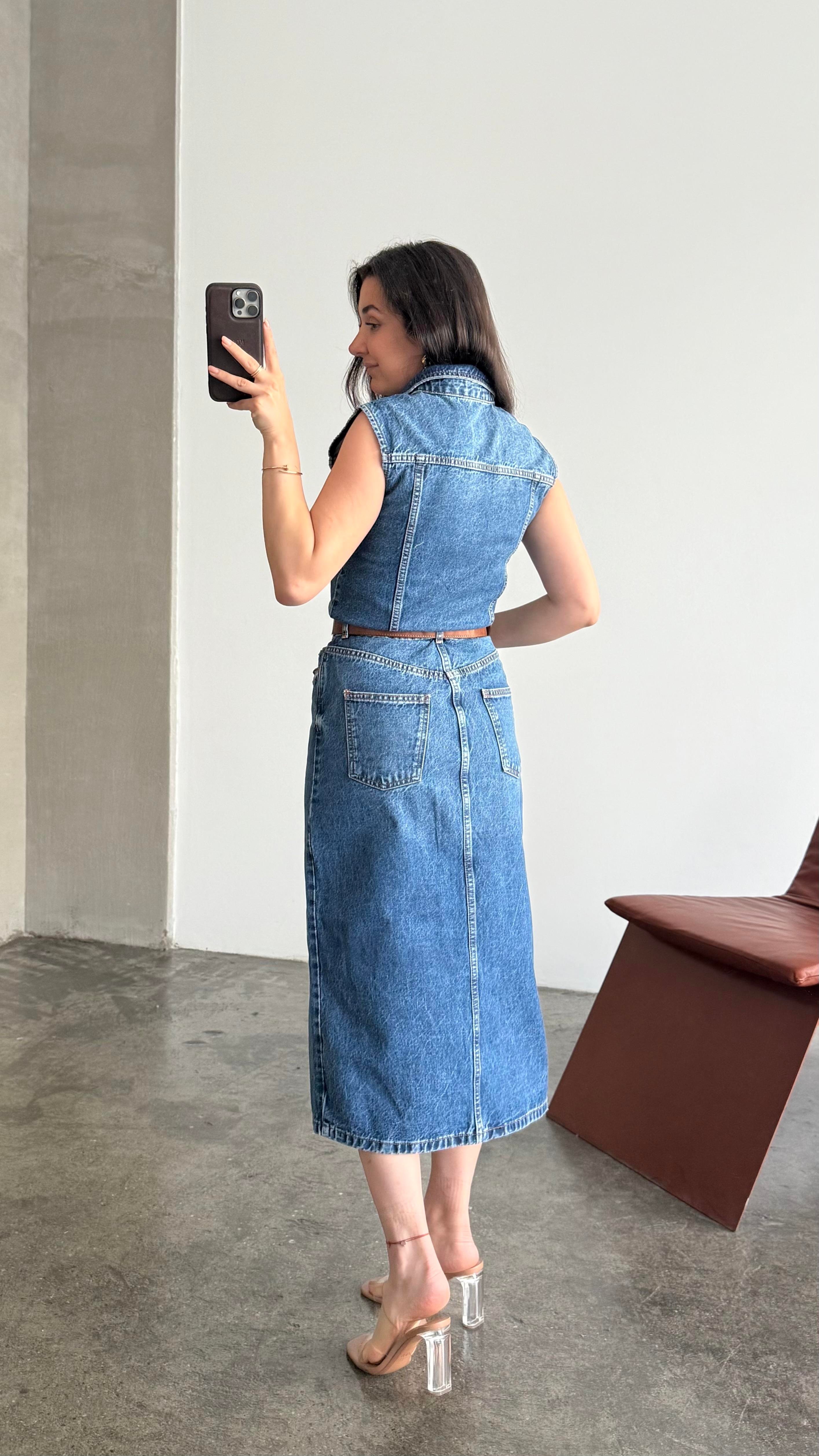 Marka Koyu Mavi Kolsuz Denim Elbise 
