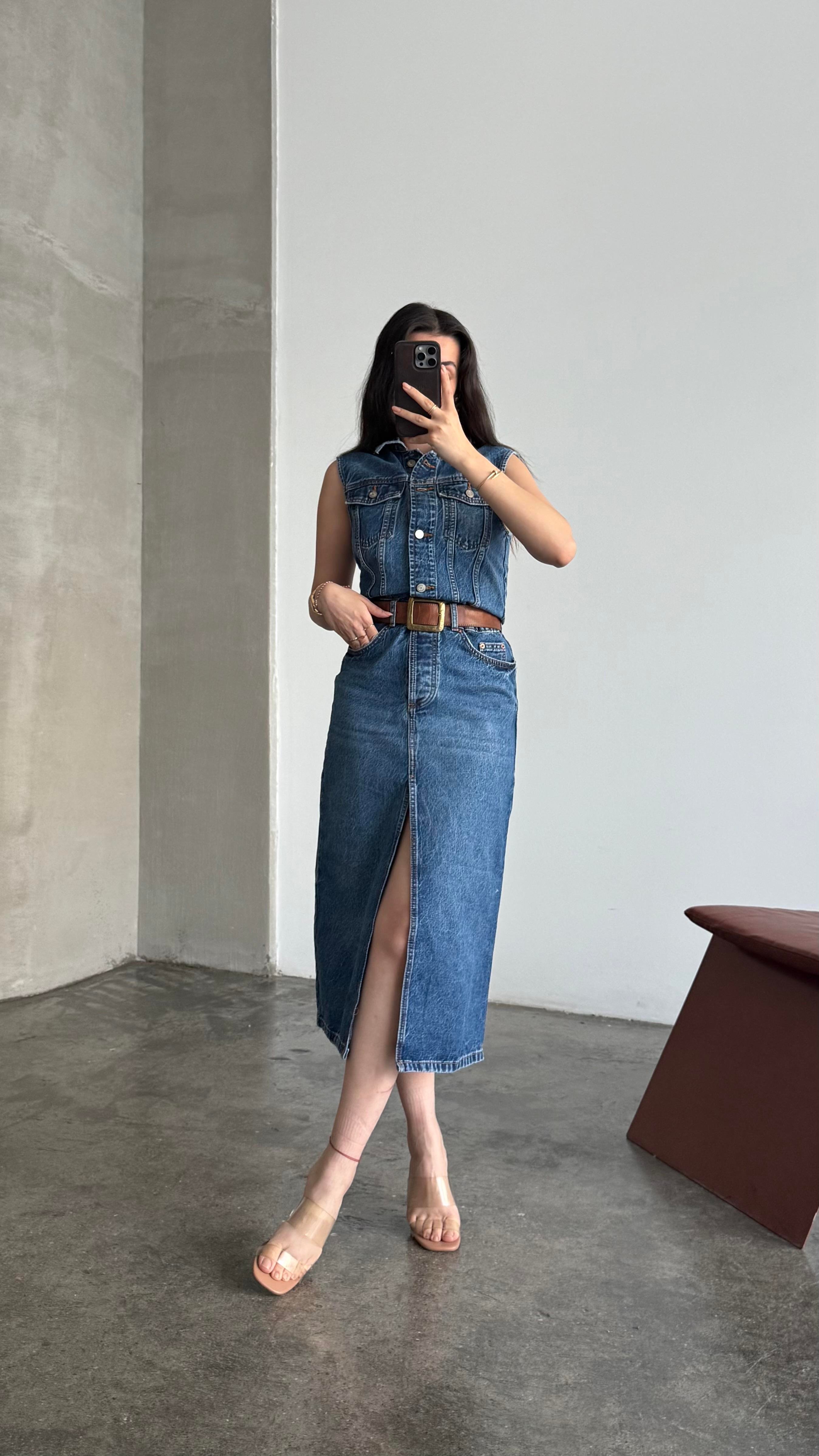 Marka Koyu Mavi Kolsuz Denim Elbise 