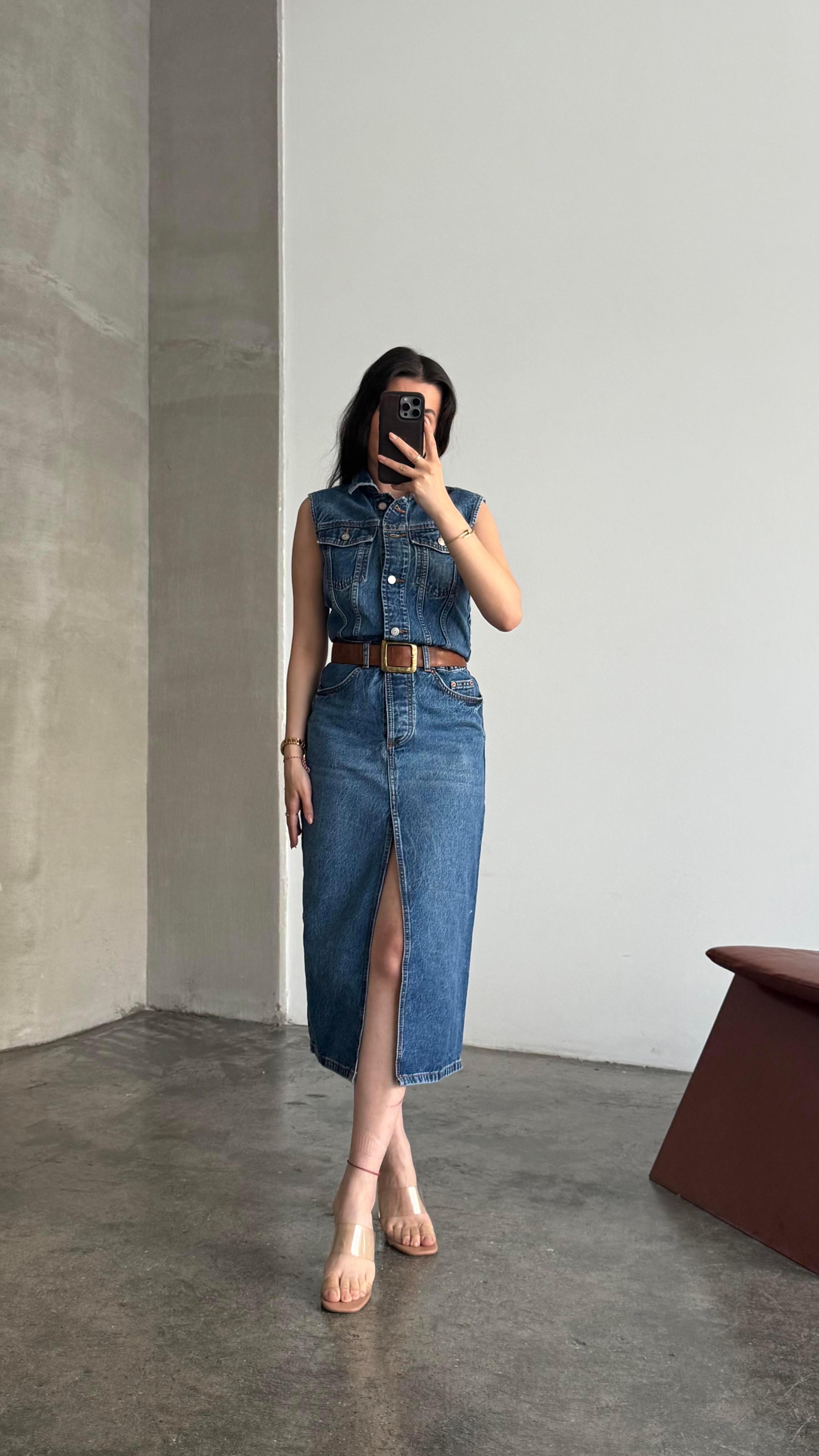 Marka Koyu Mavi Kolsuz Denim Elbise 