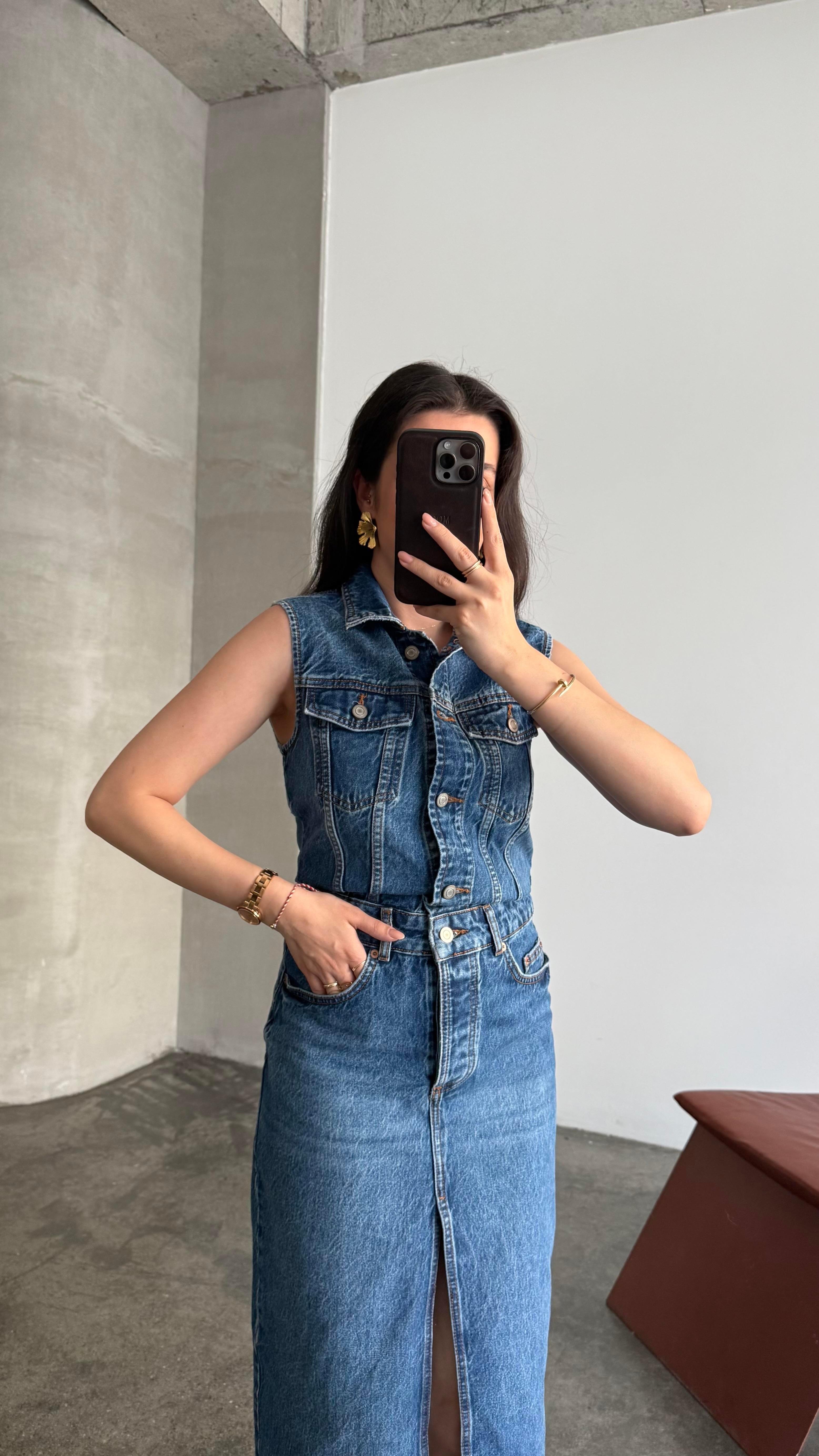 Marka Koyu Mavi Kolsuz Denim Elbise 