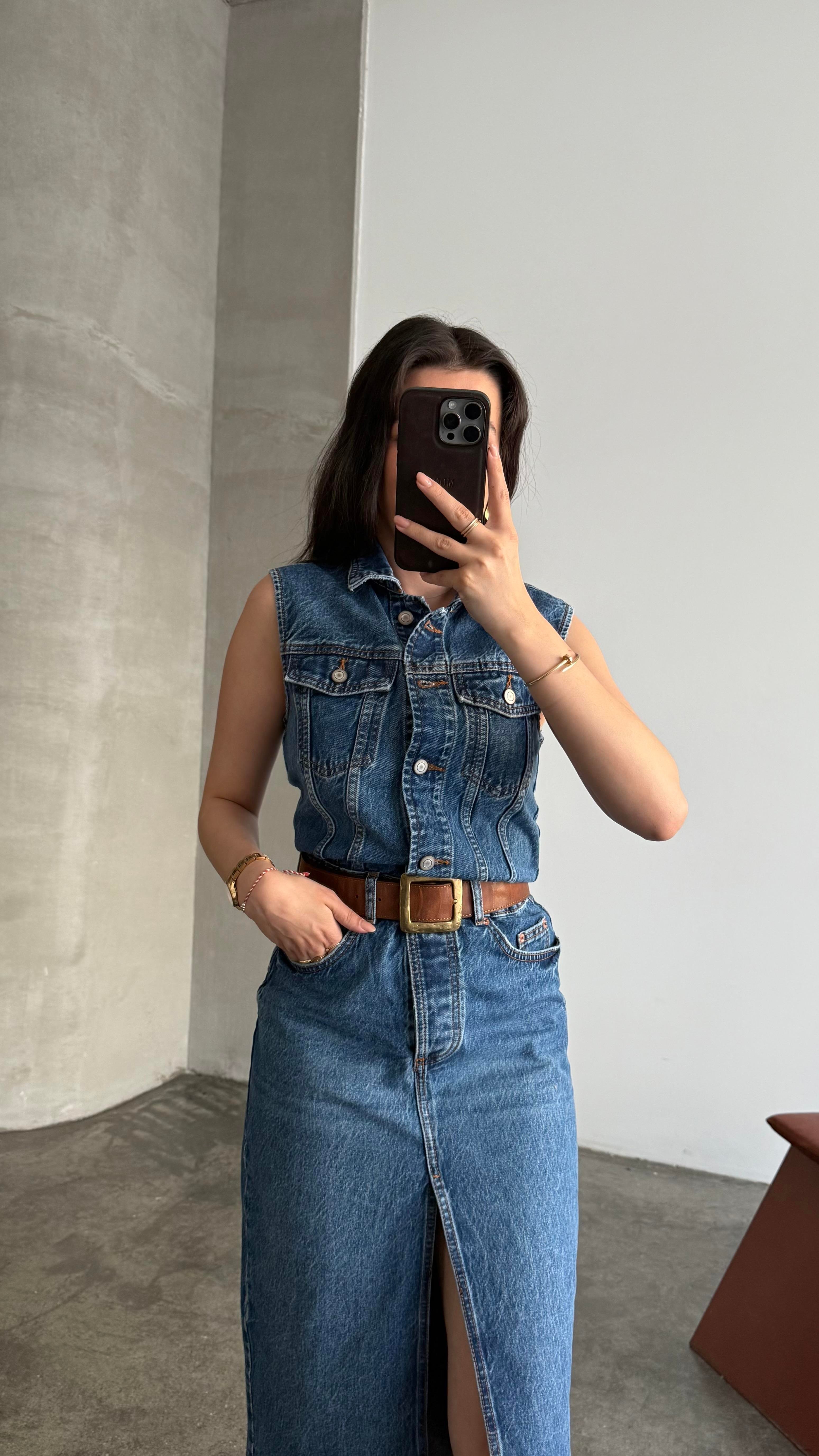 Marka Koyu Mavi Kolsuz Denim Elbise 