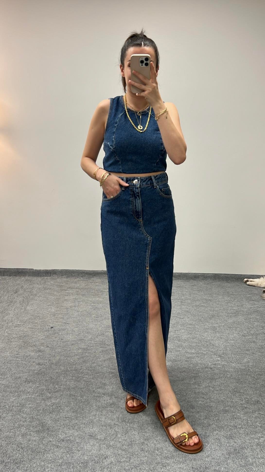 MARKA LACİ MAXİ DENİM ETEK