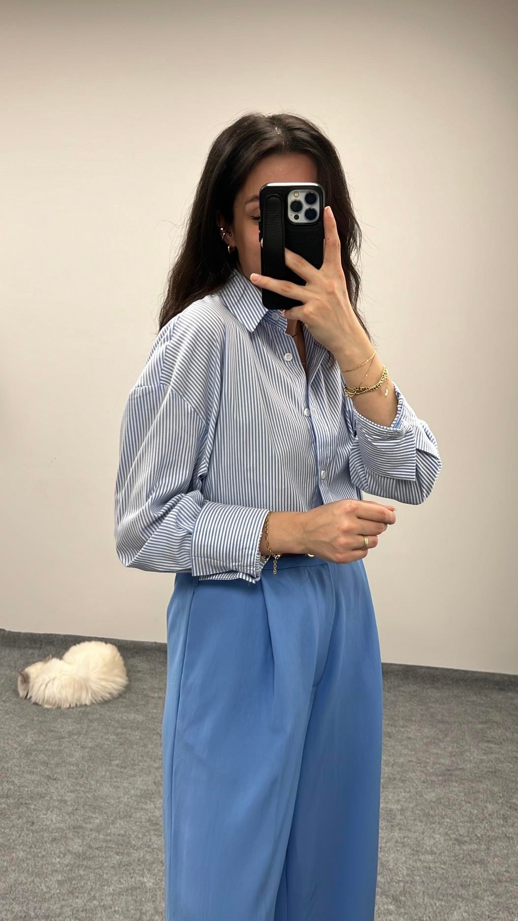 Marka Mavi Çizgili Oversize Gömlek