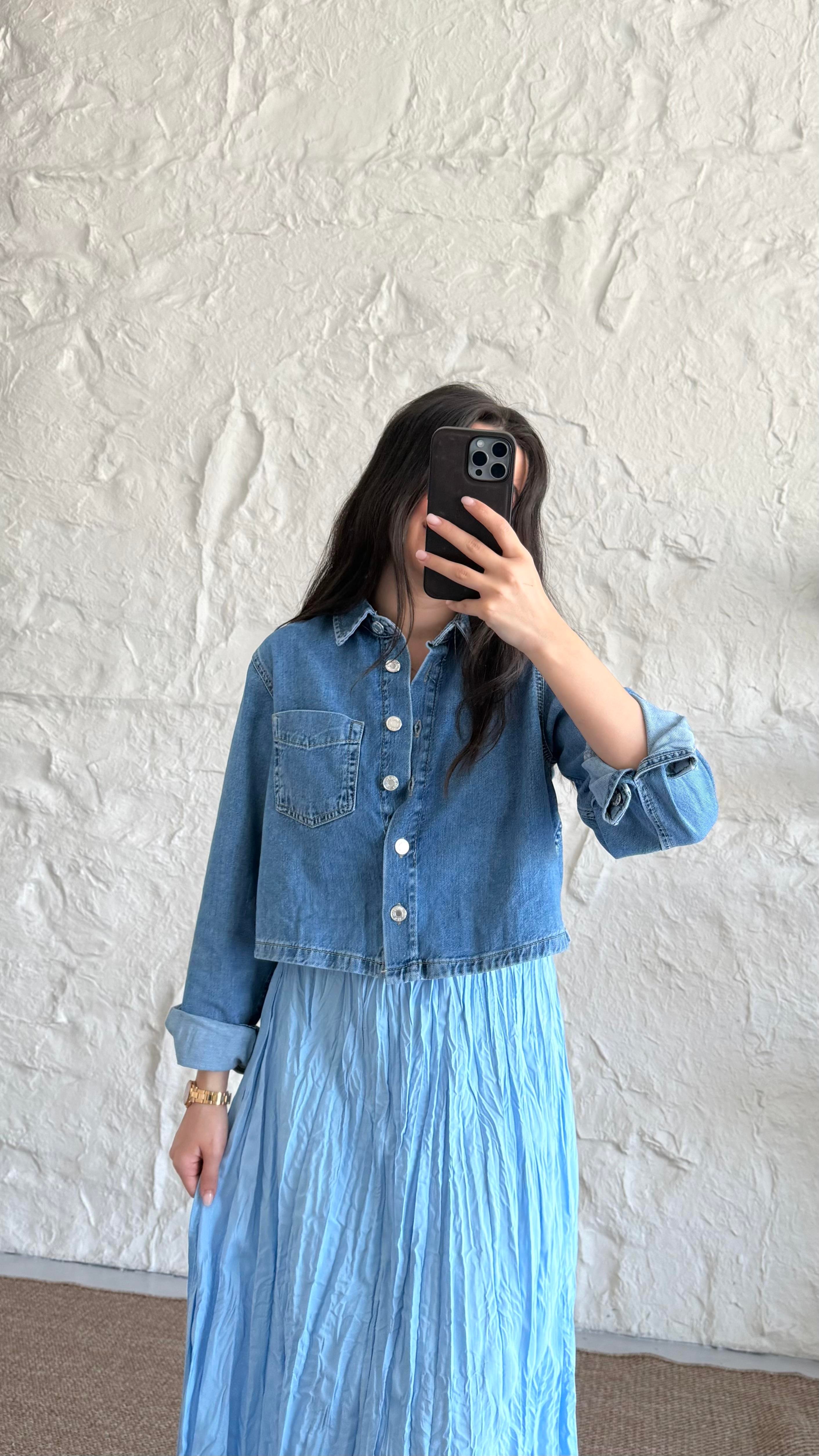 Marka Mavi Mevsimlik Denim Crop Gömlek