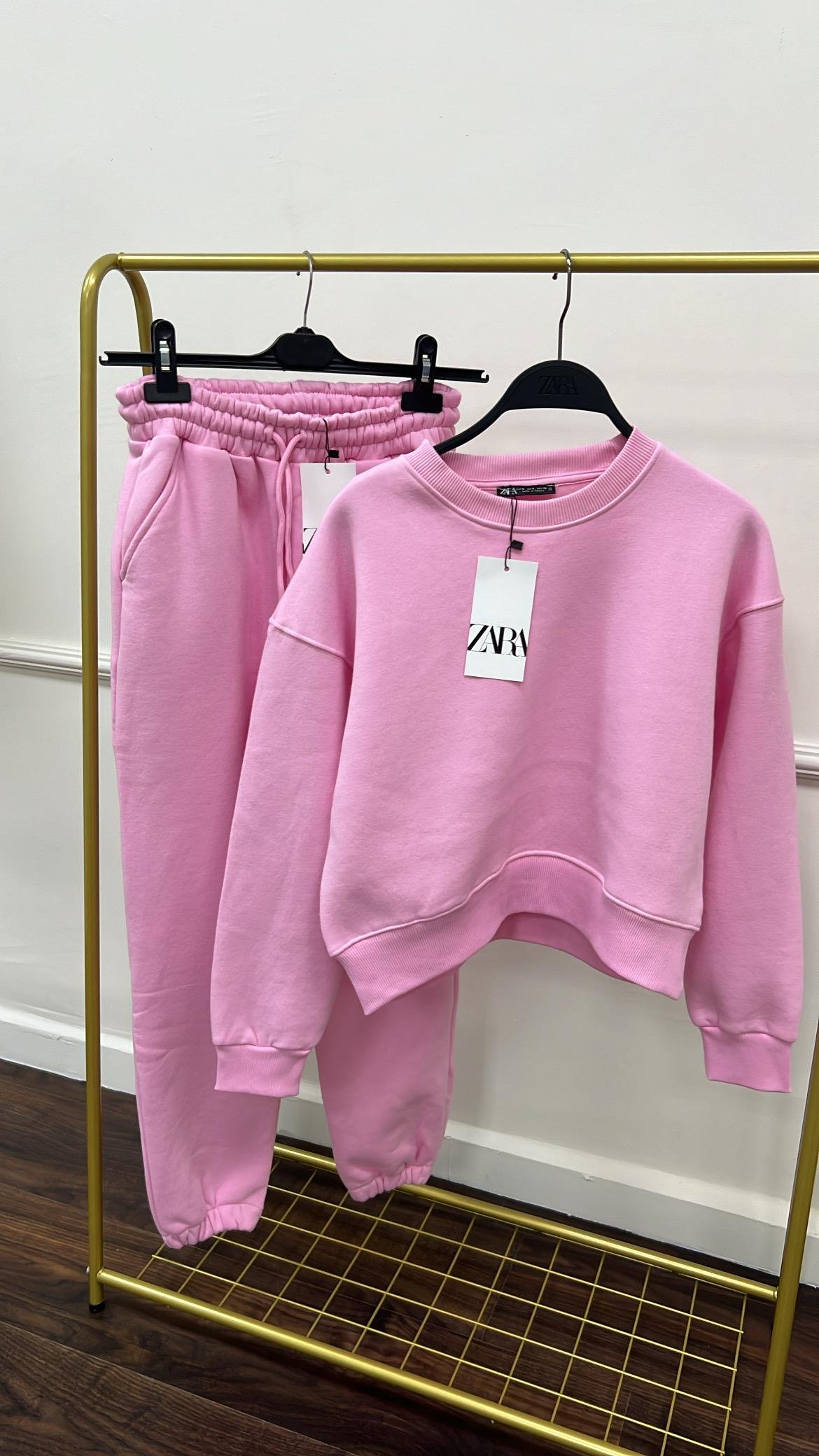 Marka Pembe Pamuklu Basıc Sweatshirt/Jogger Takım
