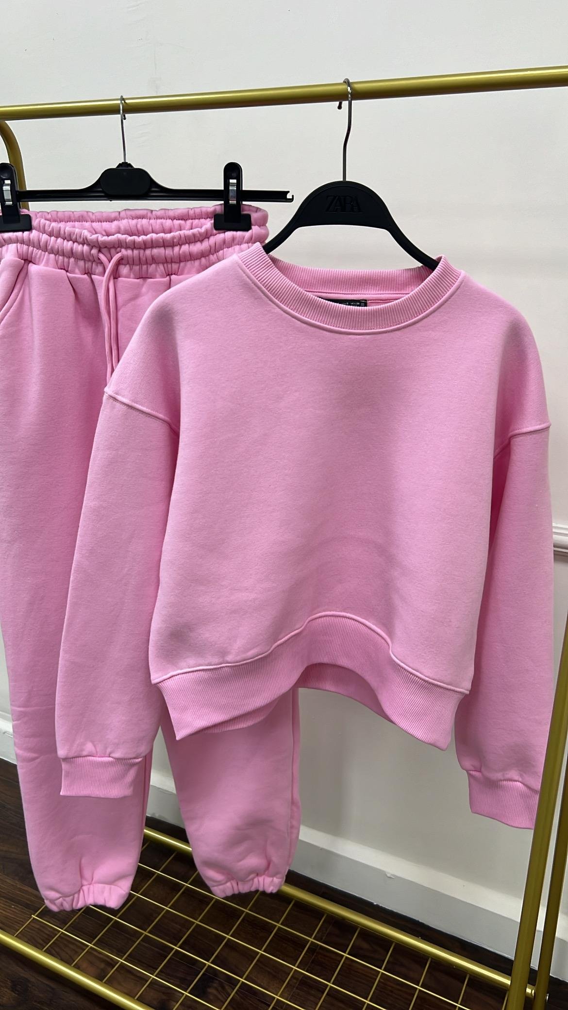 Marka Pembe Pamuklu Basıc Sweatshirt/Jogger Takım