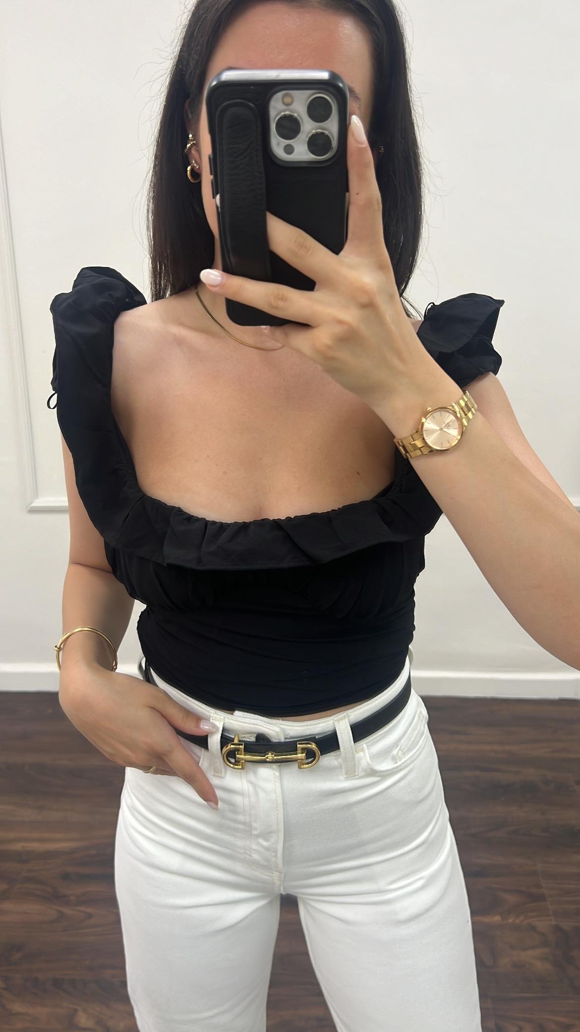 Marka Siyah Drapeli Bluz