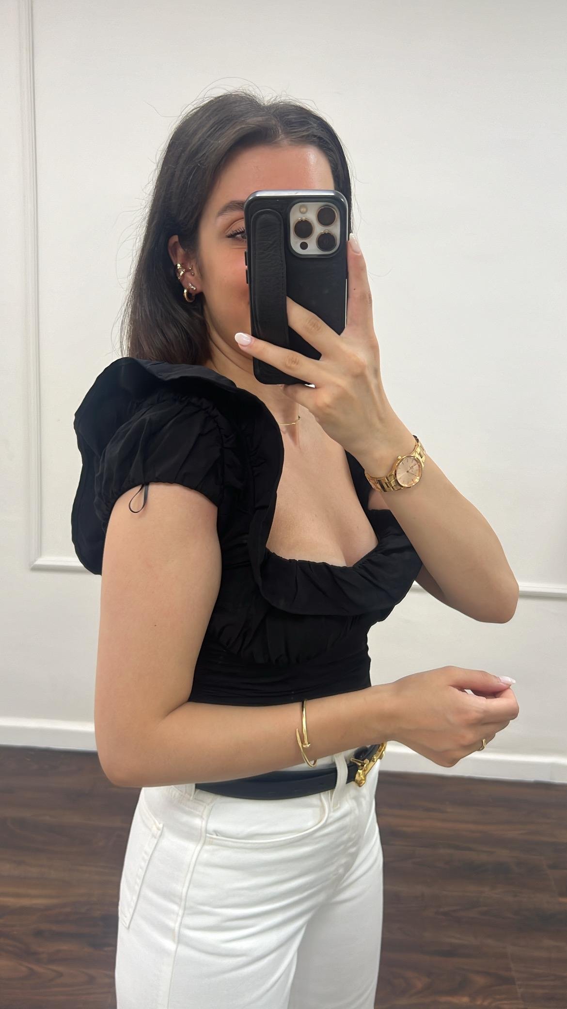 Marka Siyah Drapeli Bluz