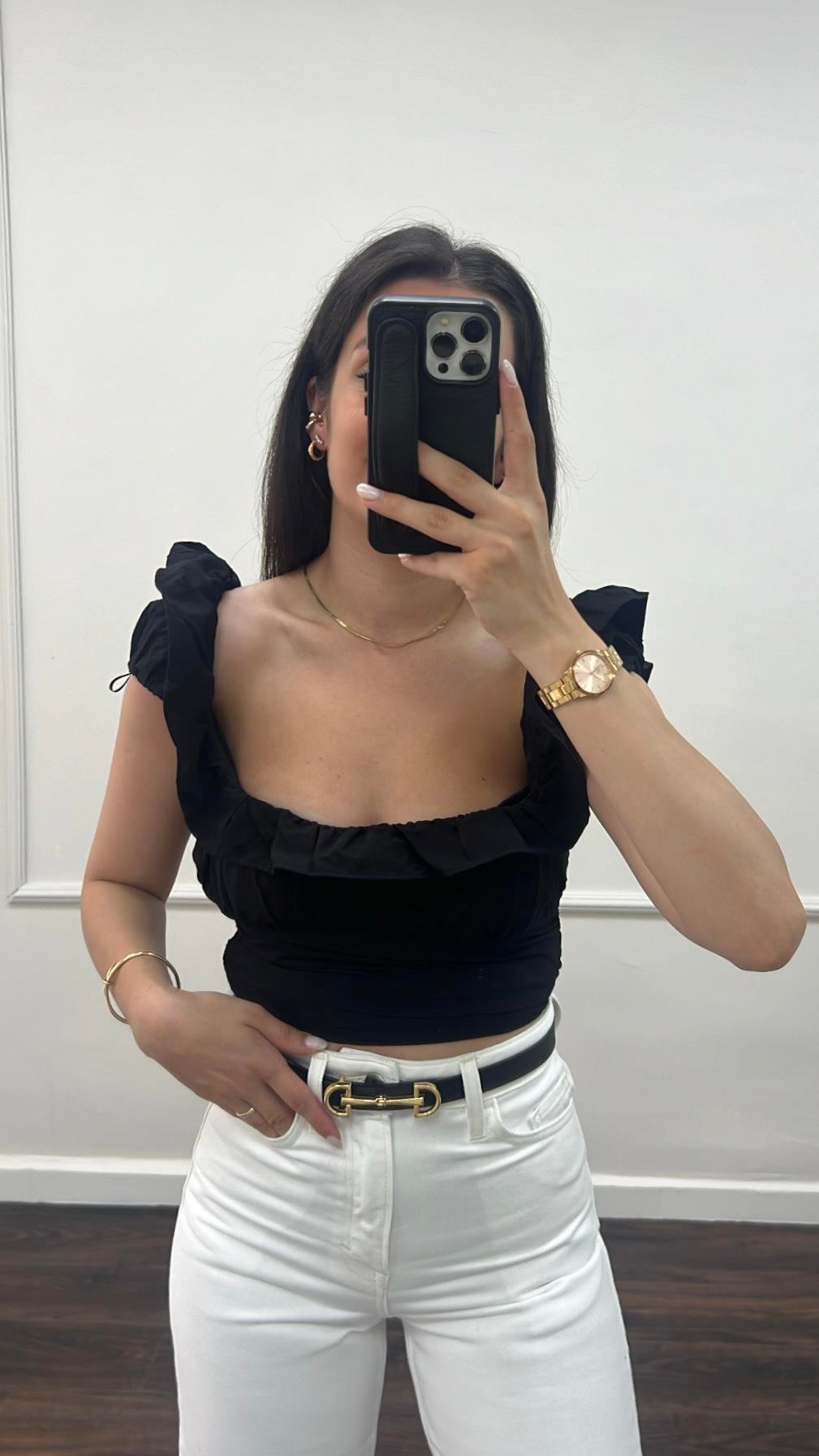 Marka Siyah Drapeli Bluz